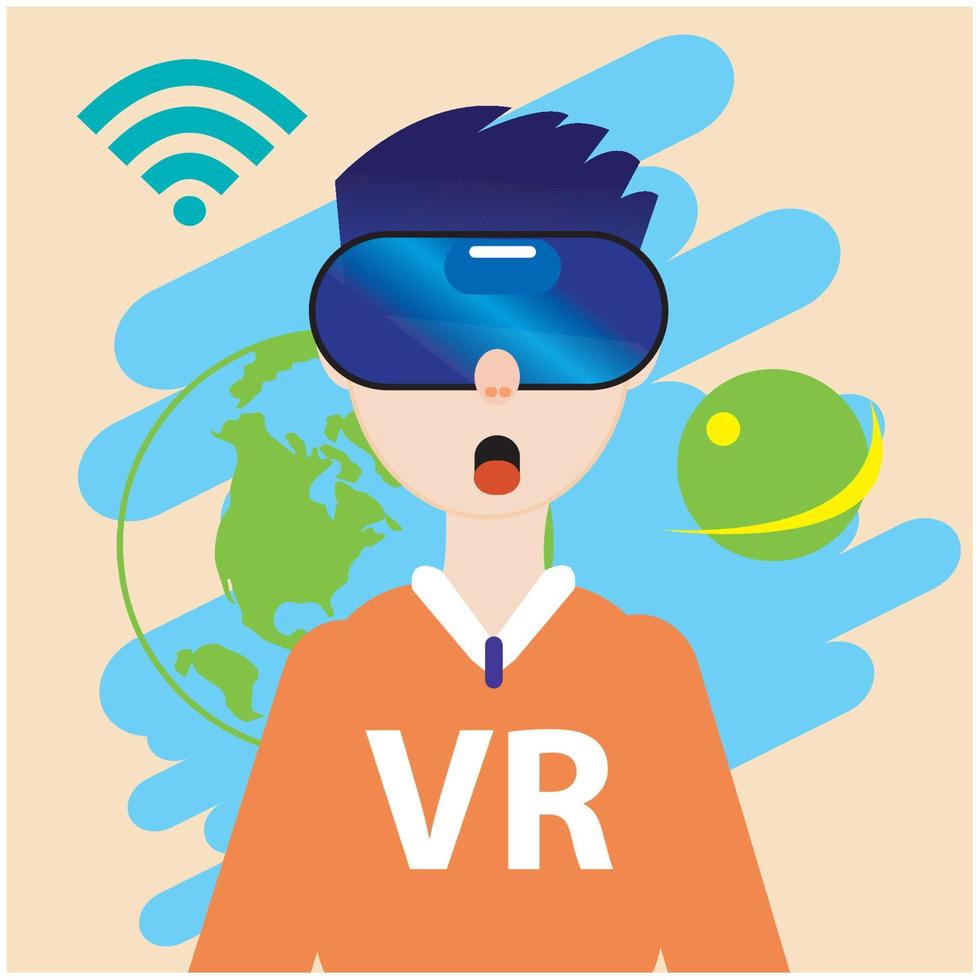 Young  moving objects using VR device showing vector image of virtual world.