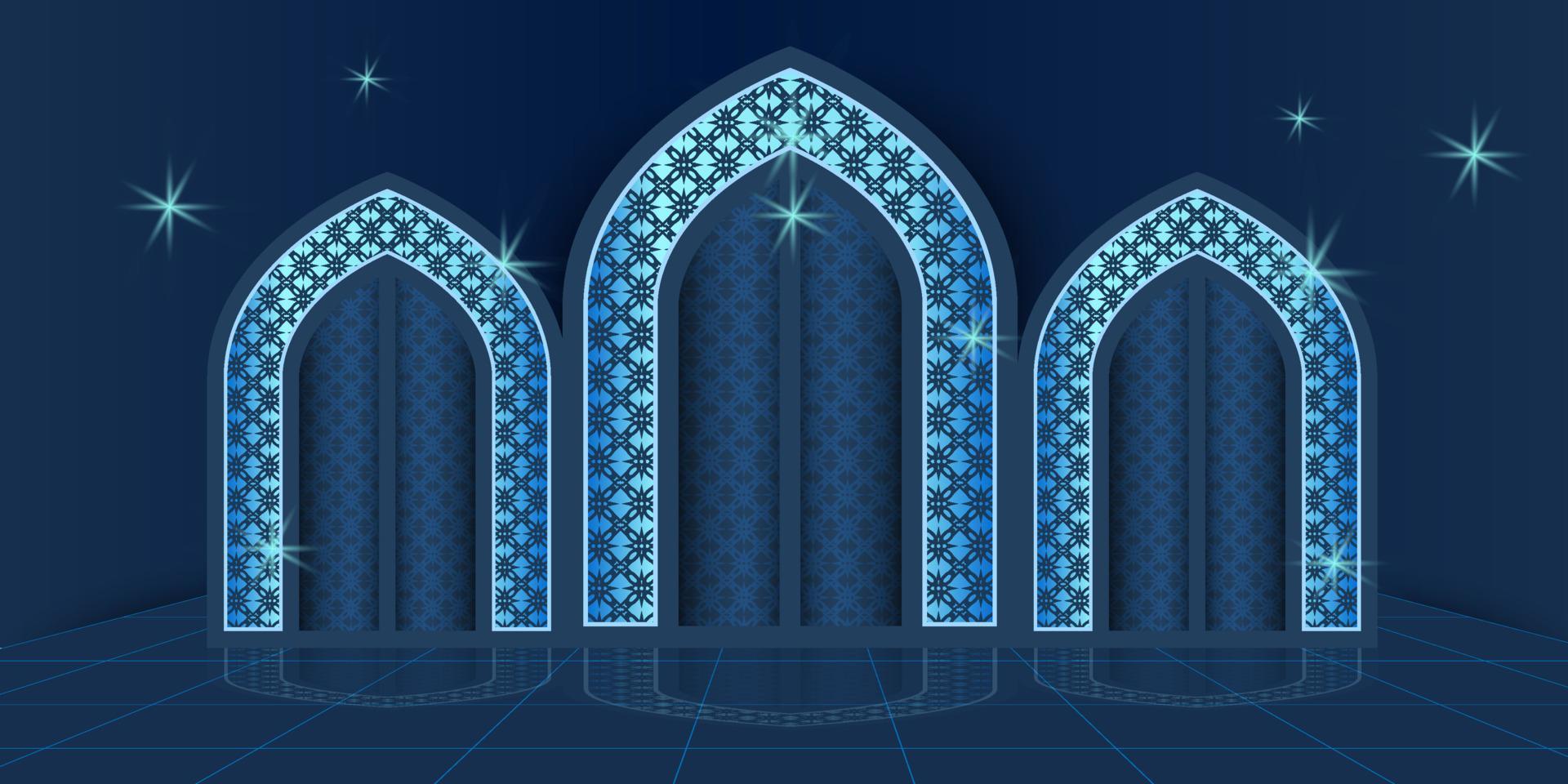 ramadan kareem concepto banner 3d marco dorado ventana árabe sobre fondo hermoso hermoso patrón árabe ilustración vectorial colgando luna creciente dorada y estrellas cortadas en papel en las nubes para texto vector