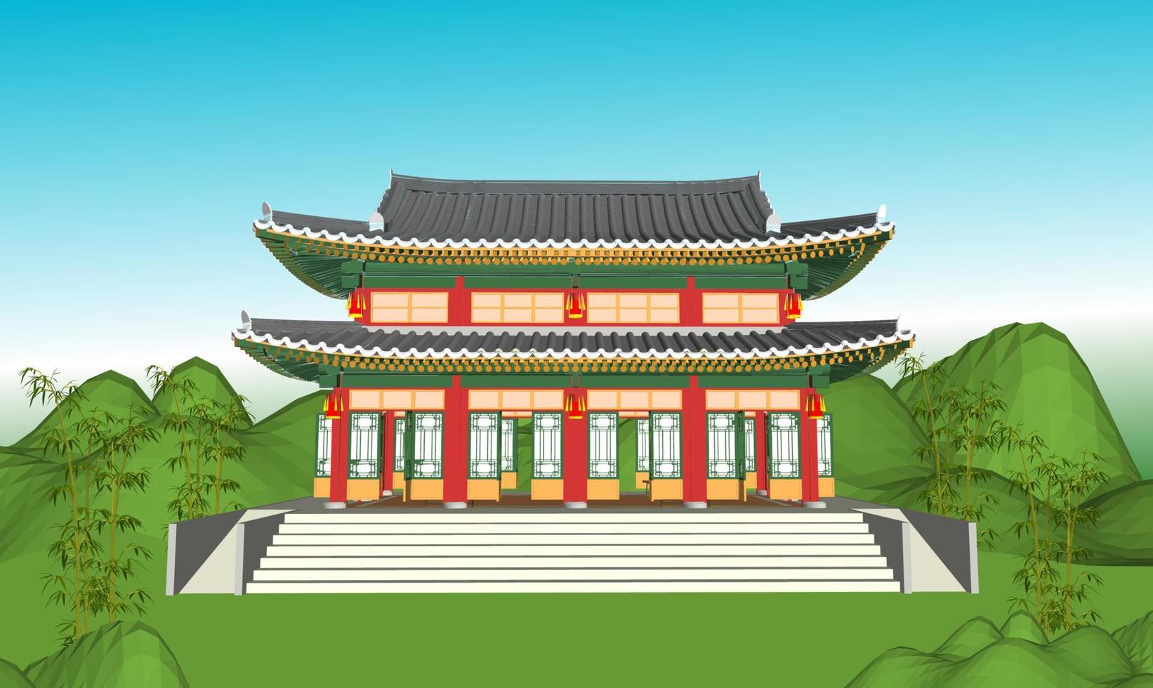 Vector illustration of buildings in Korean, Japanese, Chinese style, old-fashioned