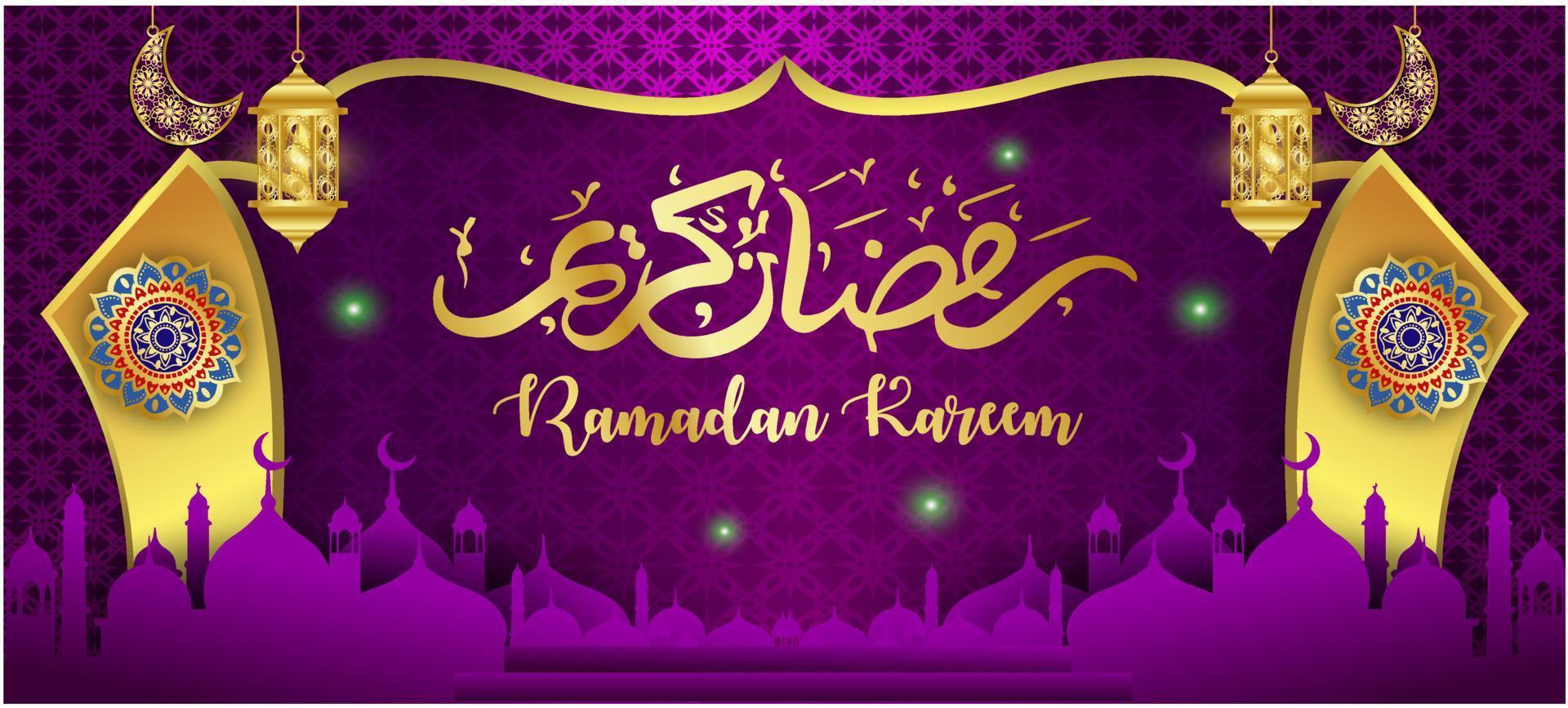 ramadan kareem concepto banner 3d marco dorado ventana árabe sobre fondo hermoso hermoso patrón árabe ilustración vectorial colgando luna creciente dorada y estrellas cortadas en papel en las nubes para texto vector