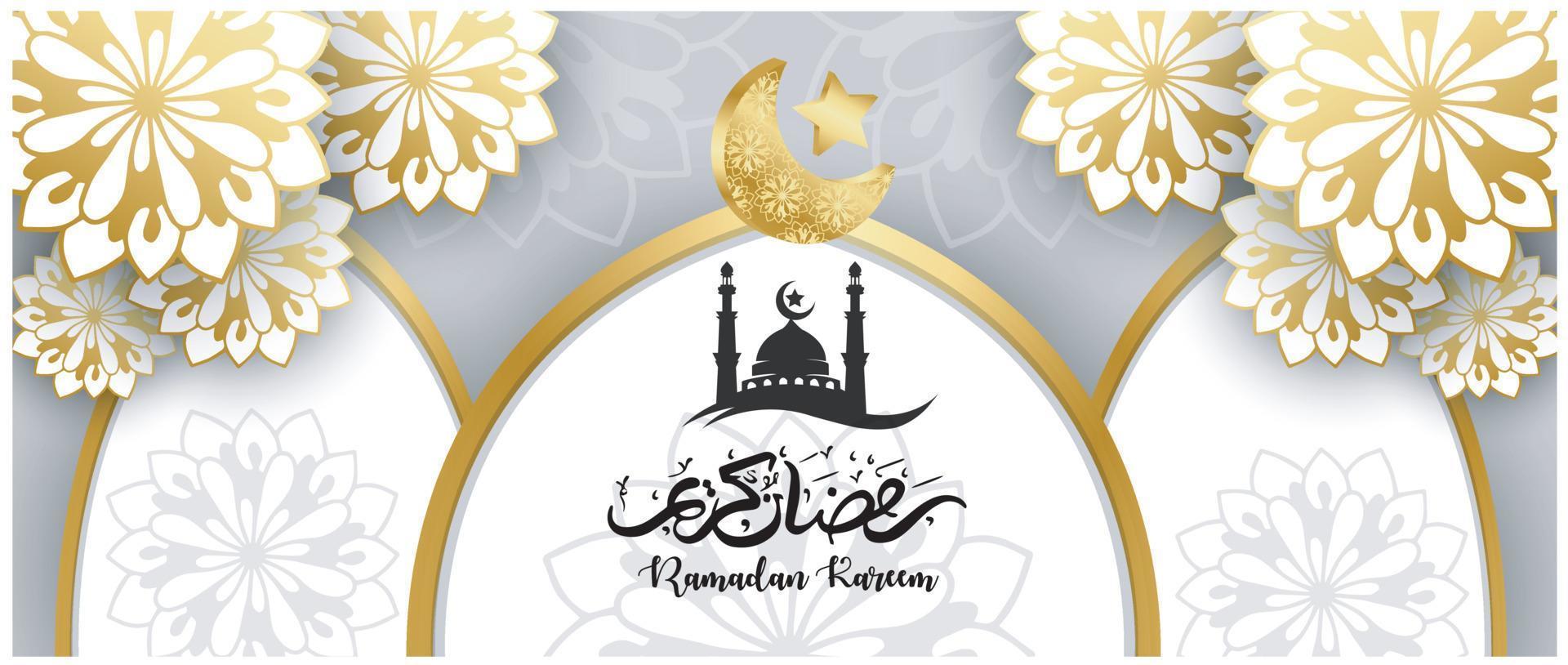 ramadan kareem concept banner 3d gold frame arabic window on beautiful background beautiful arabic pattern vector illustration hanging golden crescent moon and paper cut stars at clouds for text