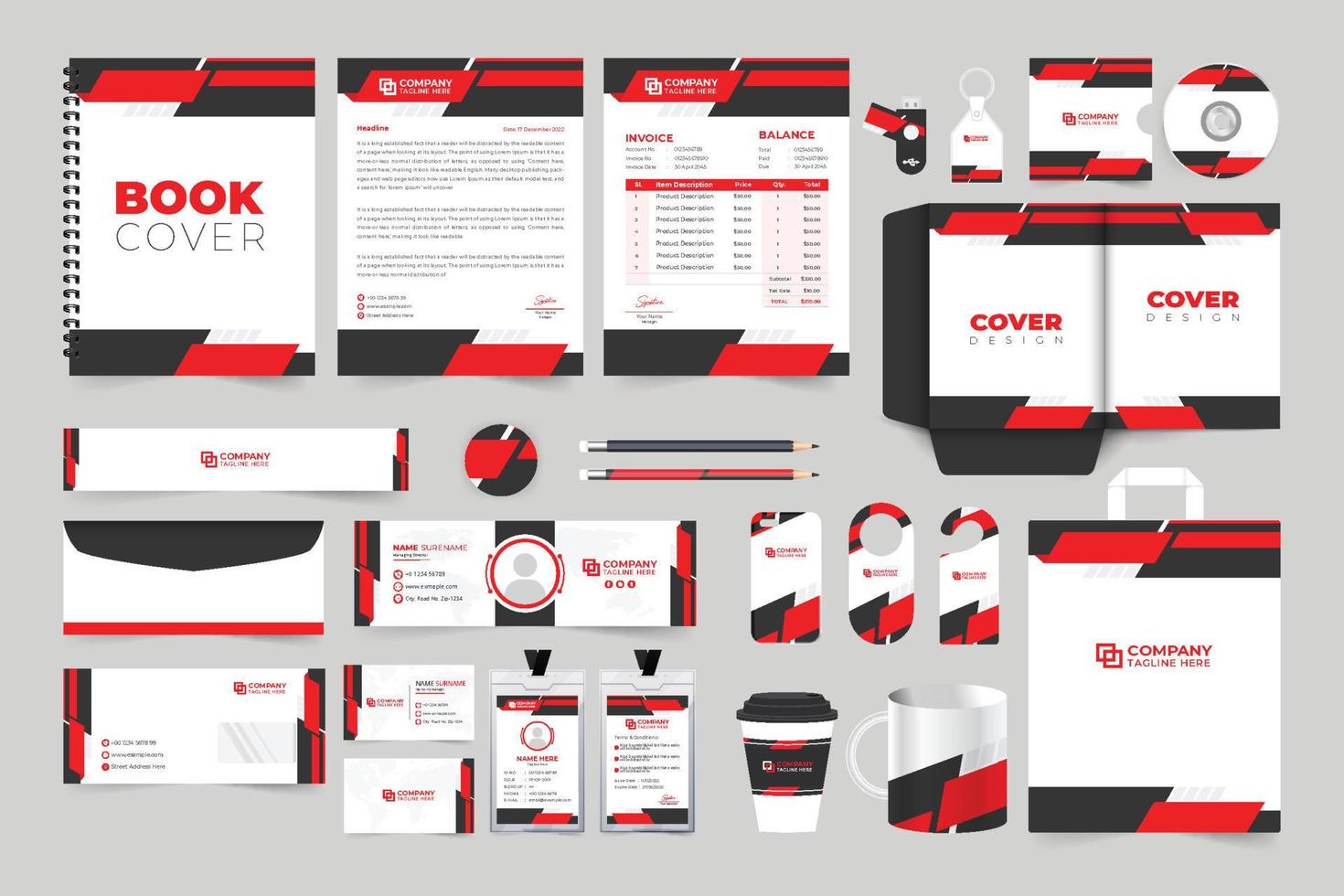 Corporate office stationery template set vector with red and dark colors. Company ID card, phone case, and door hanger design for advertisement. Business brand identity template collection.