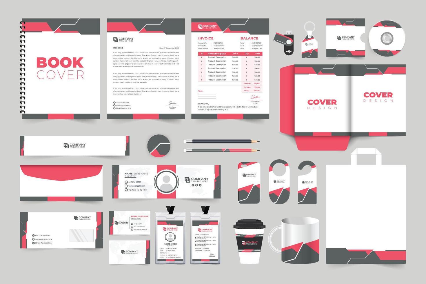 Creative company promotional stationery design with red and black colors. Brand identity template collection for marketing. Corporate business advertisement letterhead, invoice, ID card design. vector