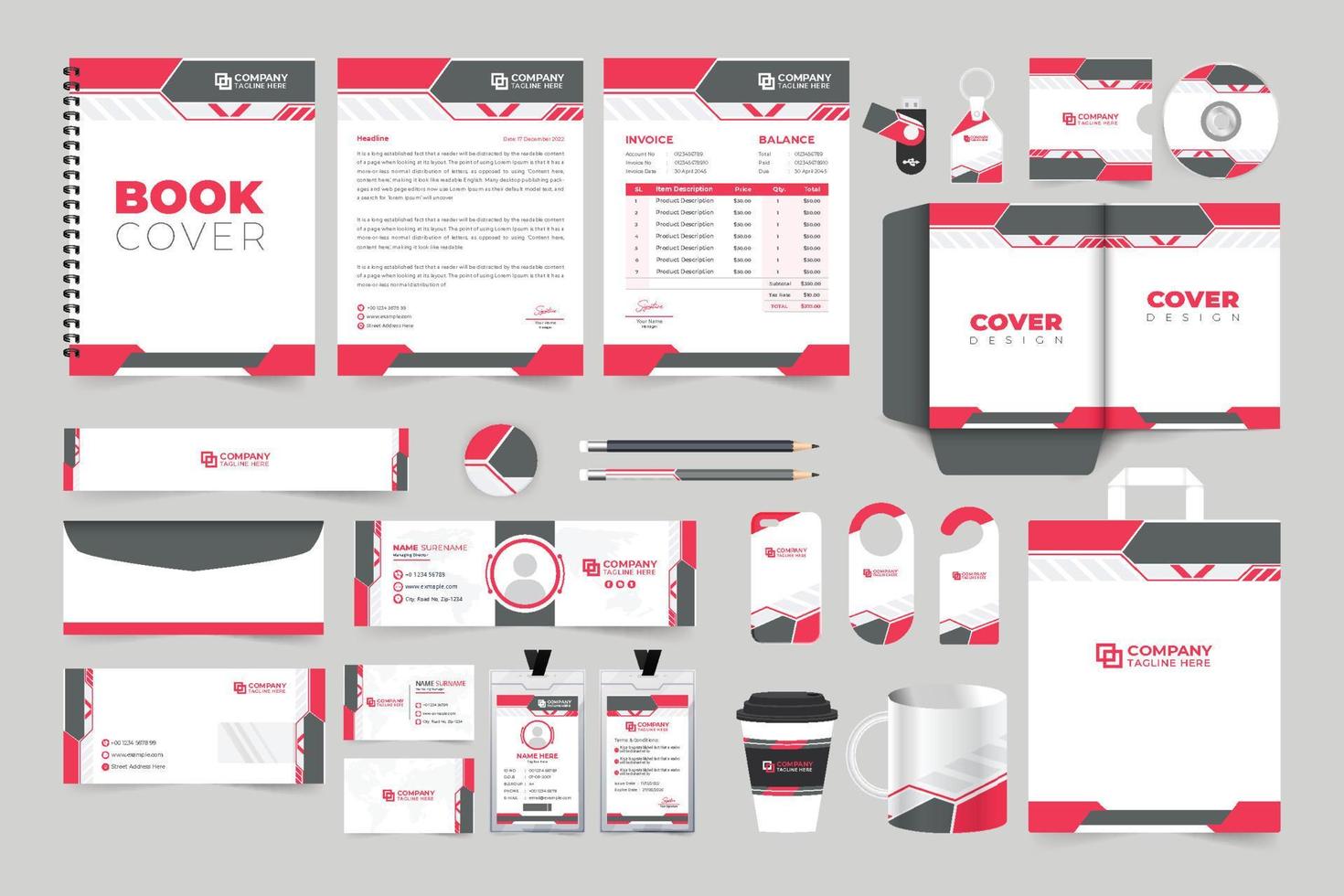 Corporate identity template collection with dark and red colors. Business promotional stationery design for marketing. Company brand advertisement email signature, ID card, and visiting card design. vector