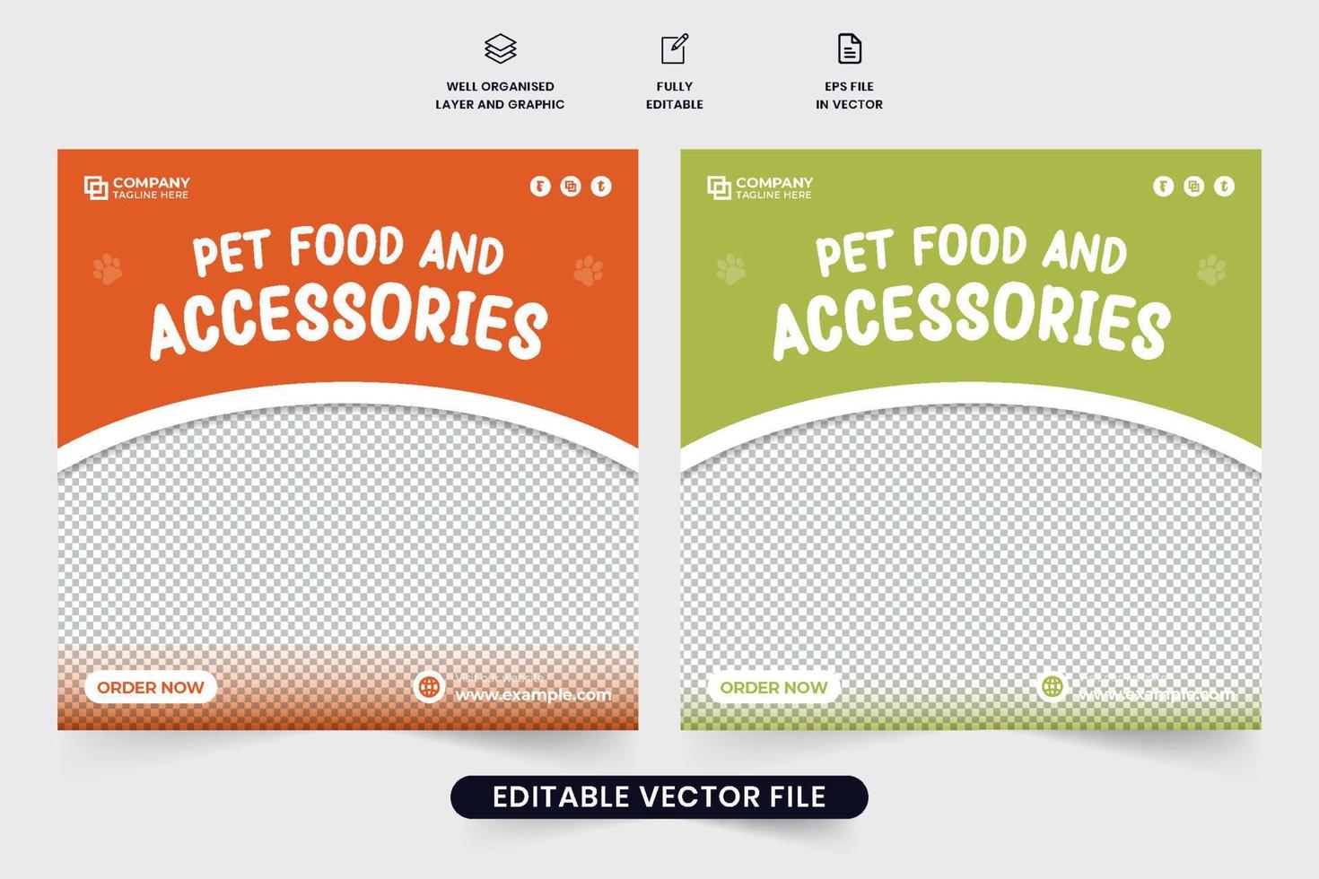 vector de plantilla promocional de la tienda de alimentos para mascotas y accesorios con colores naranja y verde. vector de publicación de redes sociales del centro de cuidado de mascotas para marketing. diseño moderno de afiches publicitarios de refugios para mascotas.