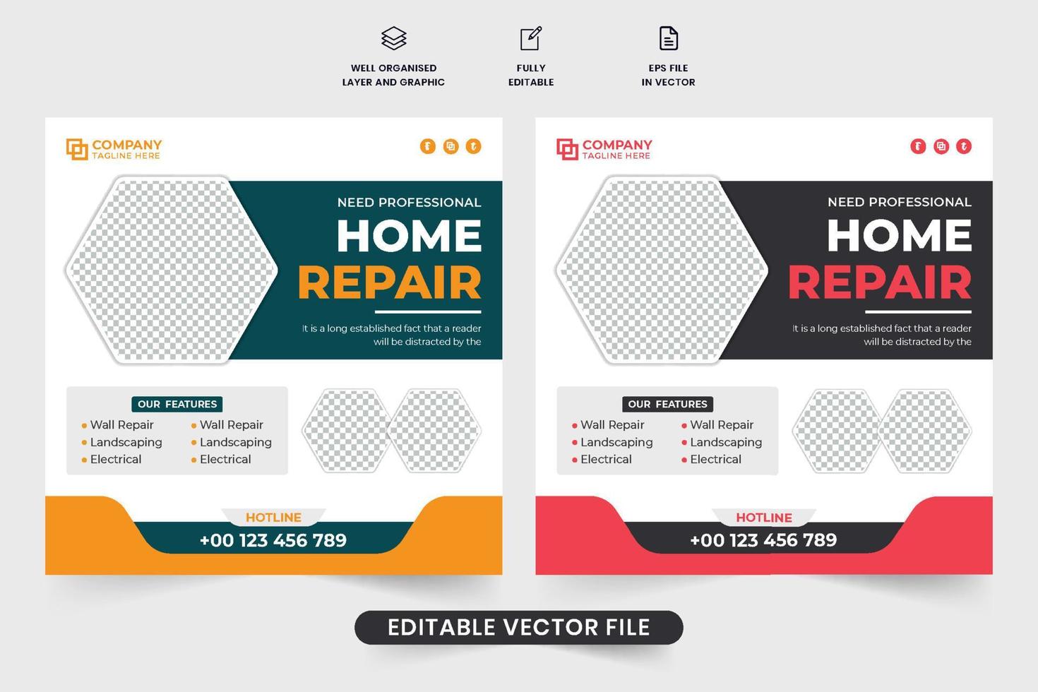 Modern home repair business promotional post vector for social media marketing. Real estate home making poster template with orange and red colors. Handyman service advertisement web banner vector.