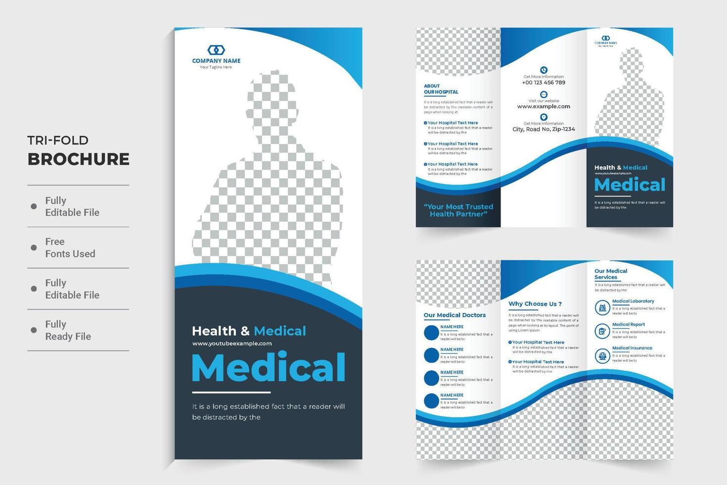 Modern healthcare center promotional brochure design with dark and blue colors. Double sided medical poster and leaflet vector for advertisement. Hospital tri fold brochure template design.