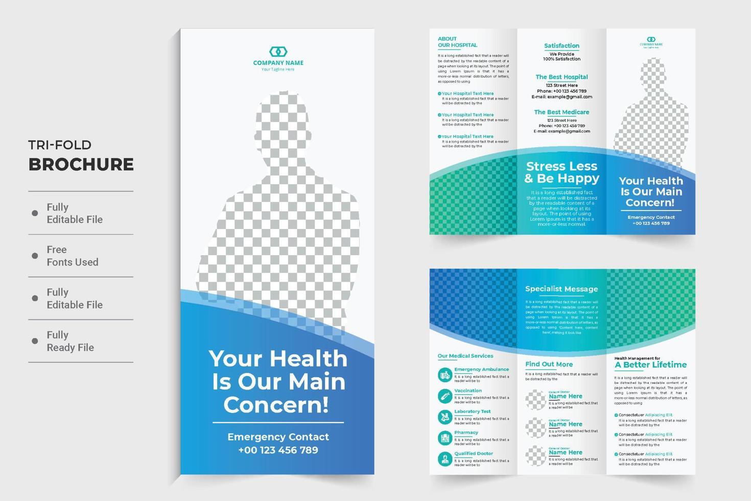 Medical trifold brochure template design with blue color shapes. Modern hospital service poster layout vector for marketing. Hospital promotional template design with photo placeholders.