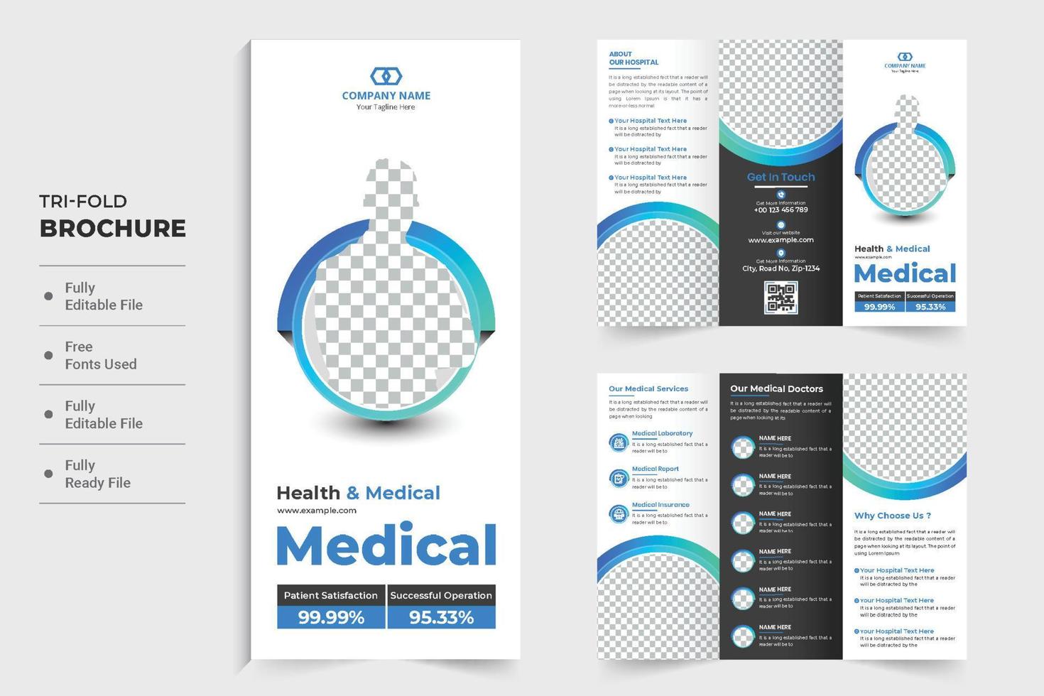 diseño de plantilla de folleto tríptico de publicidad médica con formas redondas. folleto del hospital y vector de diseño de afiches con colores azules. vector de plantilla de folleto promocional de clínica moderna para marketing.