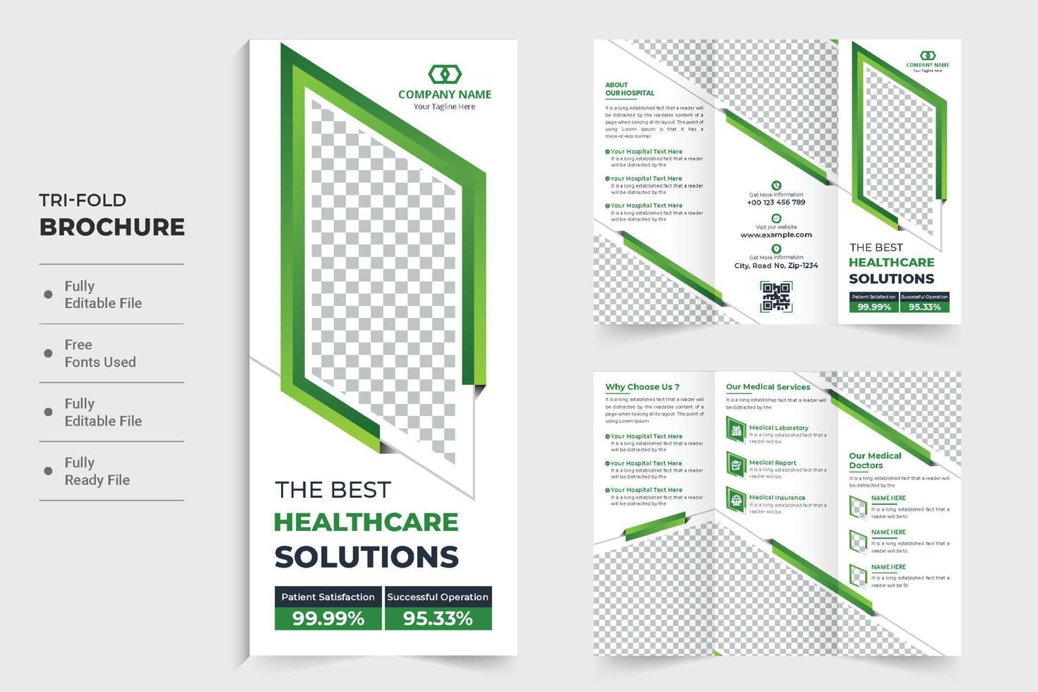 Medical service tri fold brochure template design with abstract green shapes. Hospital promotional poster design for marketing. Healthcare center advertisement template design with photo placeholders. vector