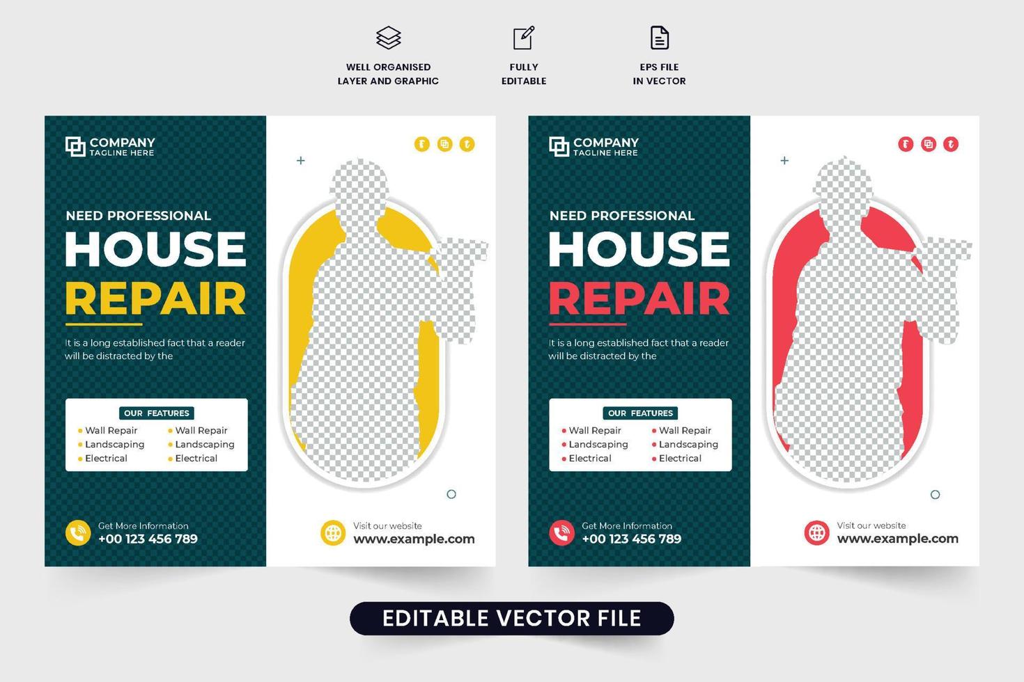 House construction advertisement template vector for real estate business. Home repair social media post vector for marketing. Modern home repair business promotional web banner vector.