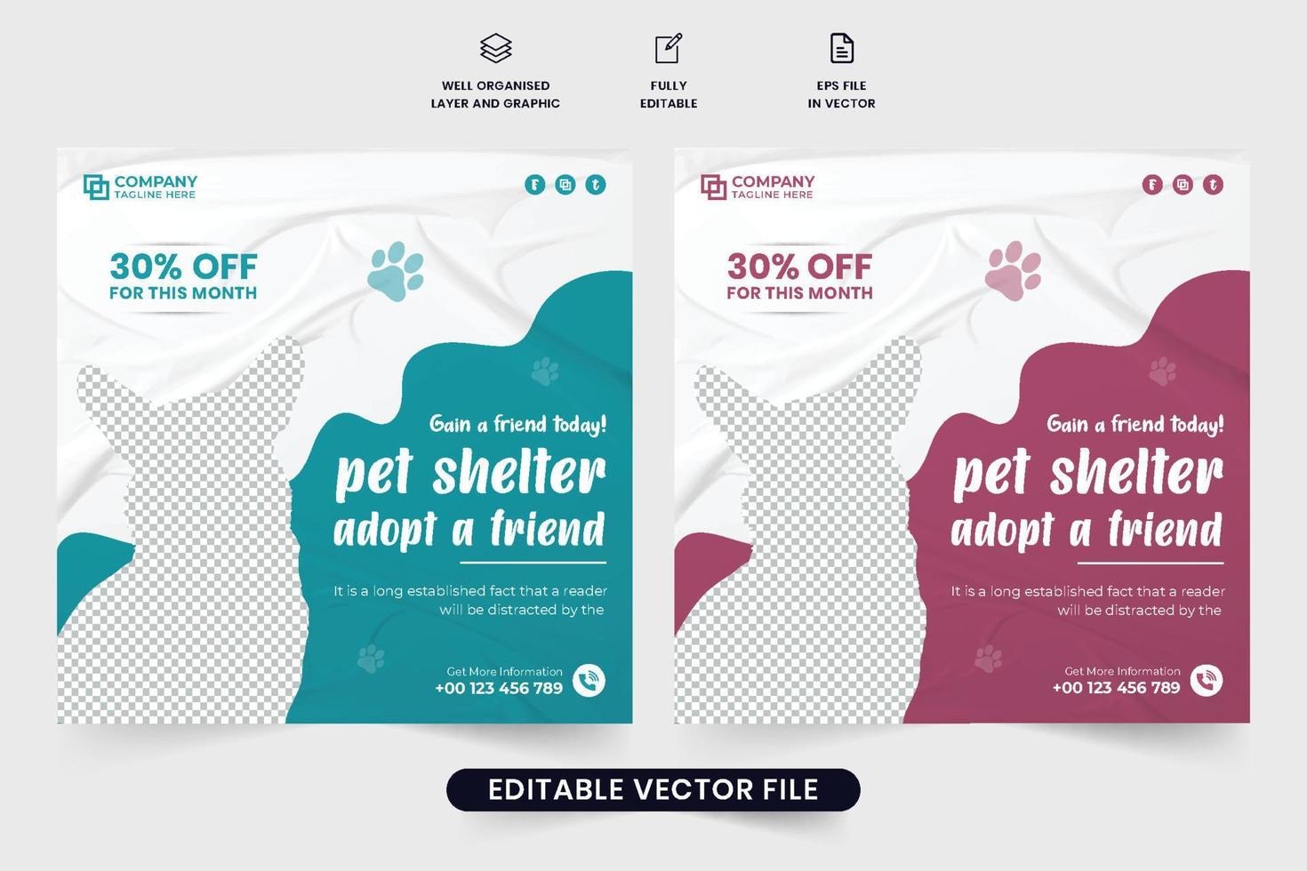 vector de publicación de medios sociales de refugio y adopción de animales con colores magenta oscuro y azul océano. tienda de mascotas y plantilla de banner web de aseo para marketing. diseño de afiches de adopción de mascotas con formas abstractas.