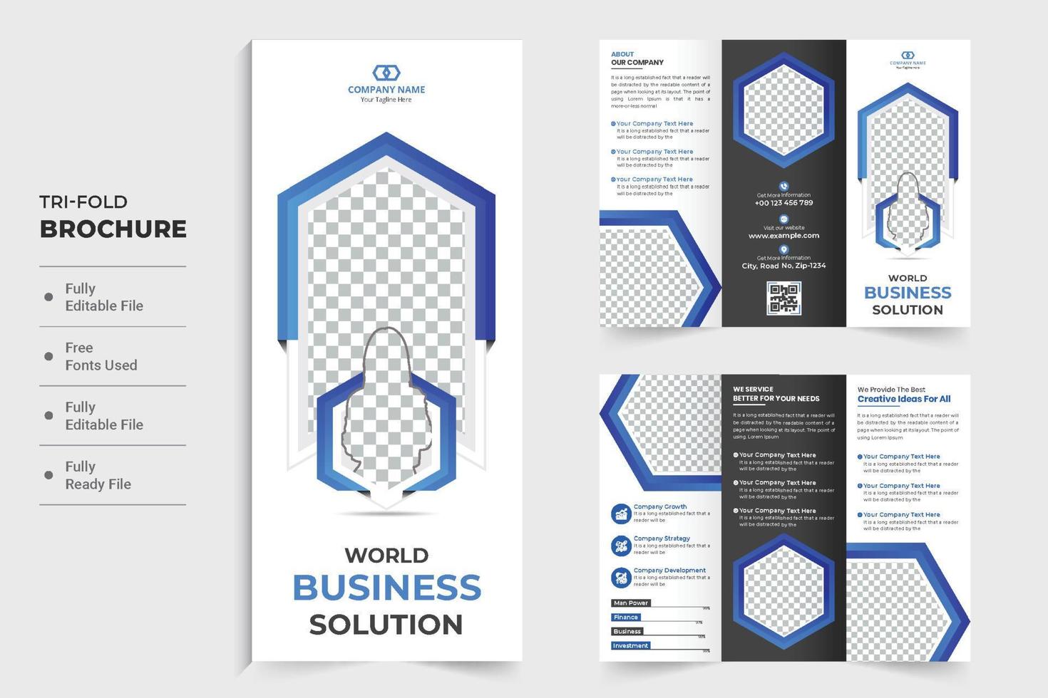 Corporate business trifold brochure design with blue hexagon shapes. Modern business promotional leaflet and poster vector for marketing. Company advertisement tri fold brochure template vector.