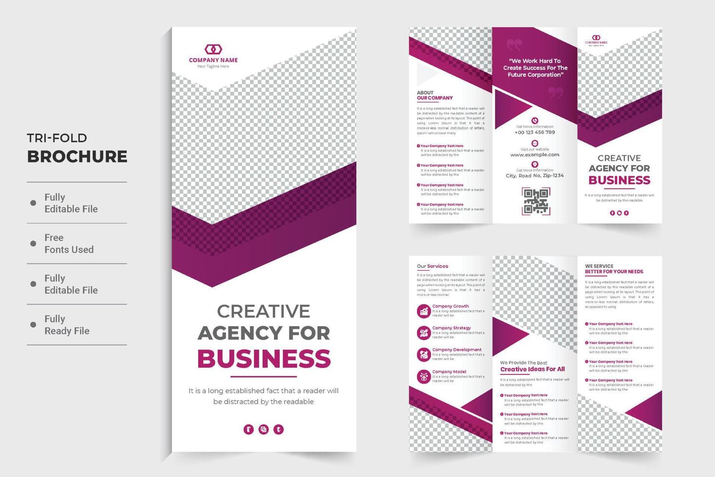 Creative business agency advertisement brochure design with dark magenta color. Marketing agency promotional poster and tri fold brochure design. Business tri fold brochure with a photo placeholder. vector