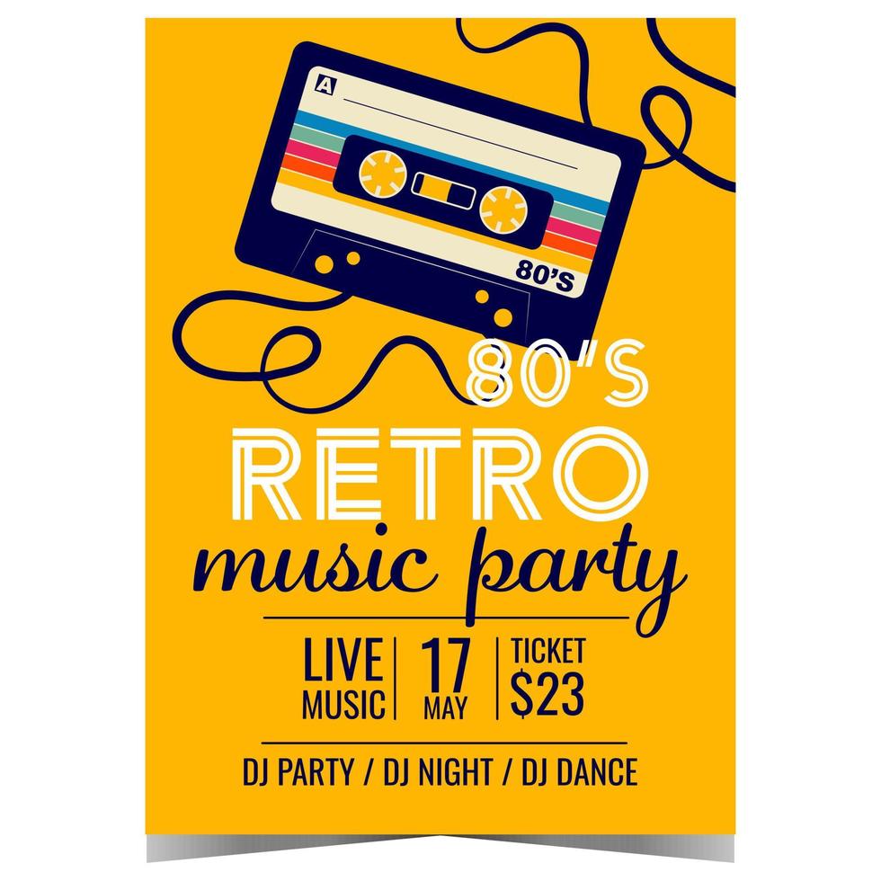 Retro music party invitation poster with audio cassette on yellow background. Vector banner or flyer design template in flat style for retro 80's concert, disco dance night or eighties show.