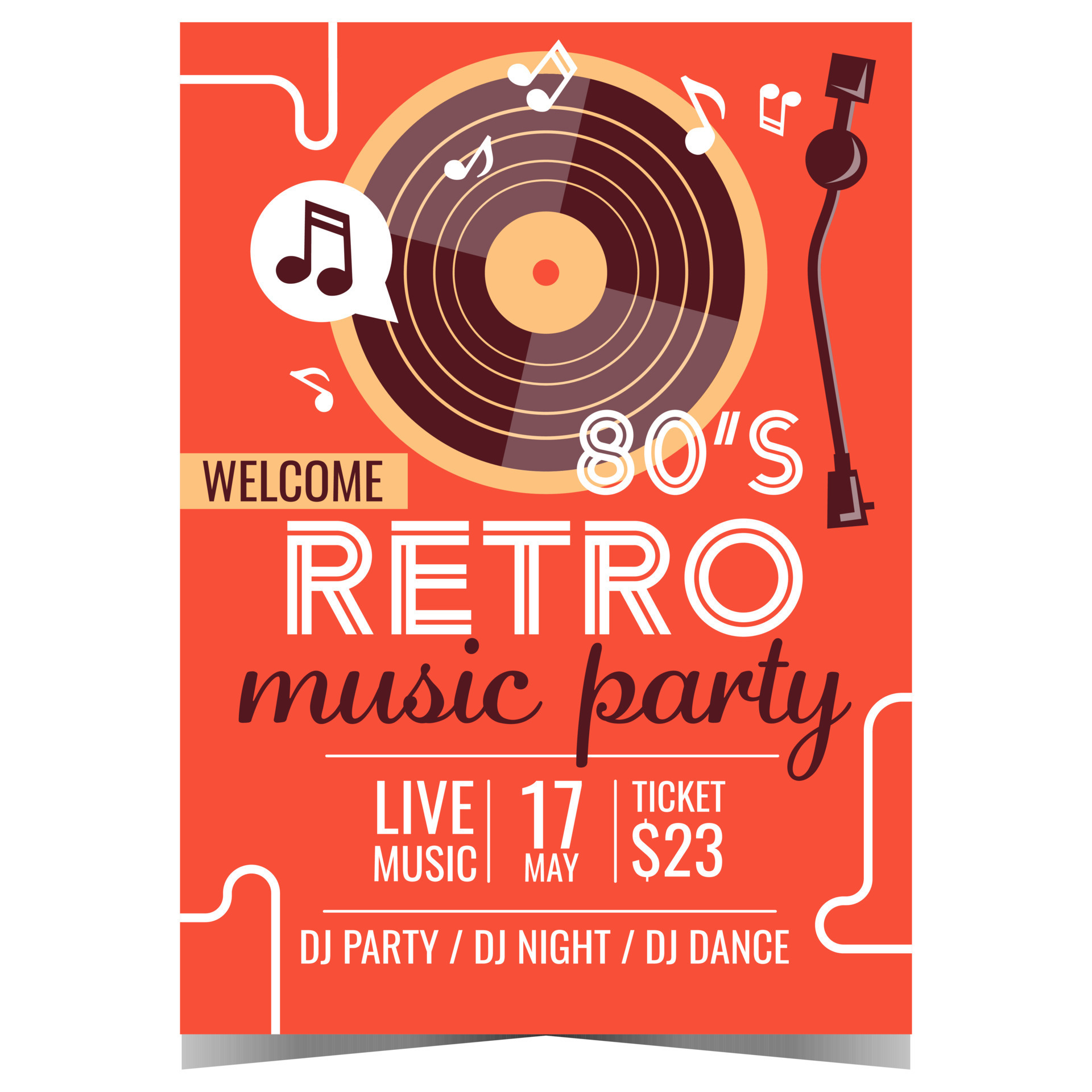 Eighties retro music party invitation poster Vector design template of