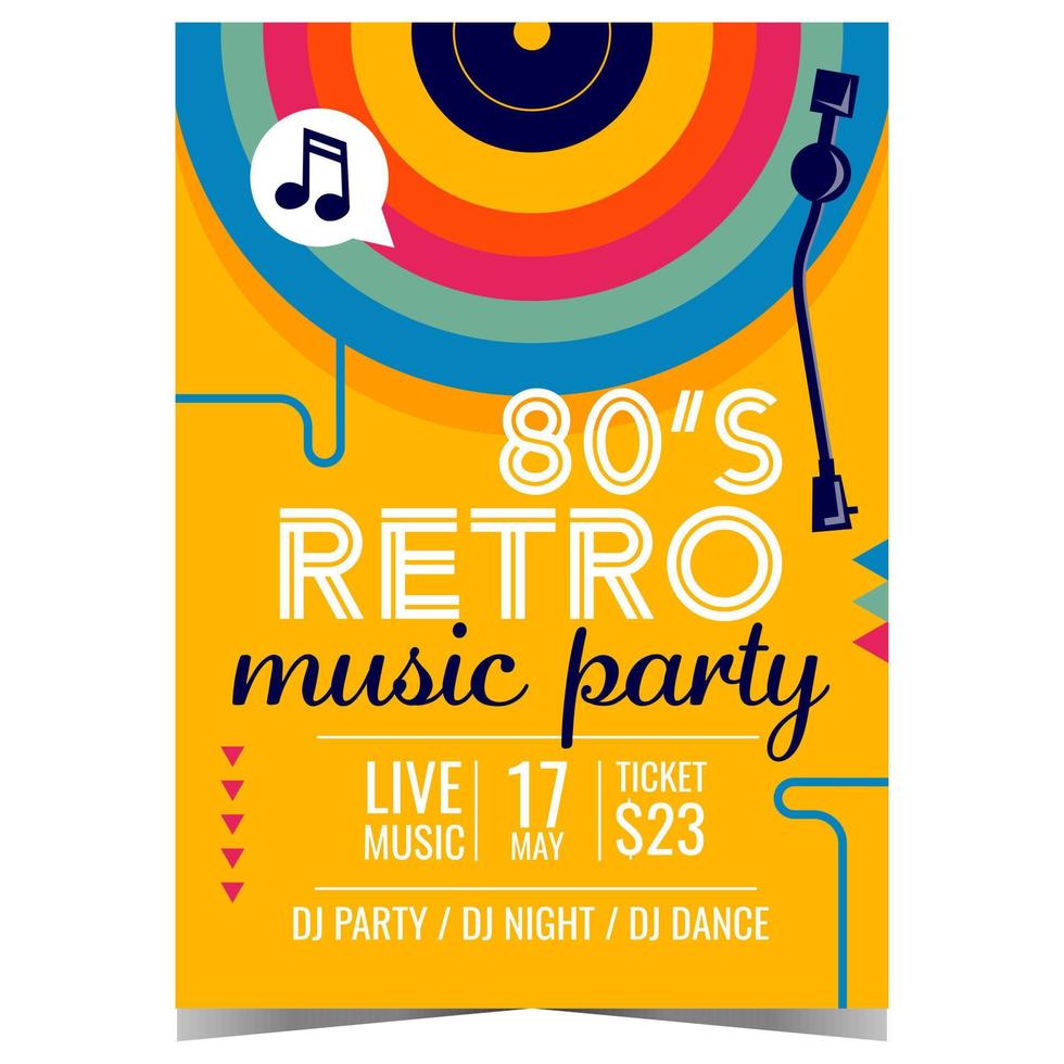 80's retro music party poster, banner or invitation card with retro colored vinyl record player on yellow background. Eighties party, disco dance show or concert promotion illustration in flat style. vector