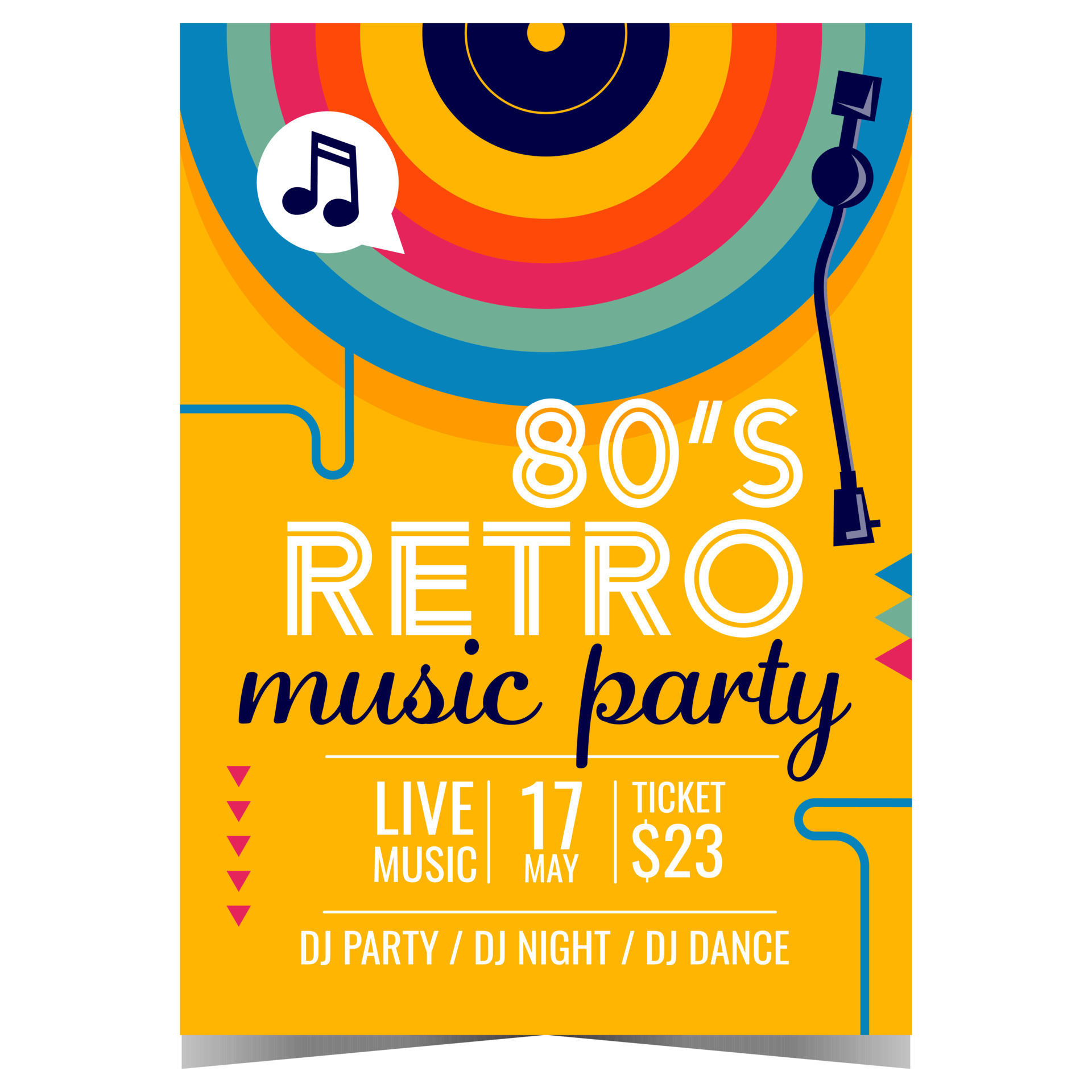 80's retro music party poster, banner or invitation card with retro