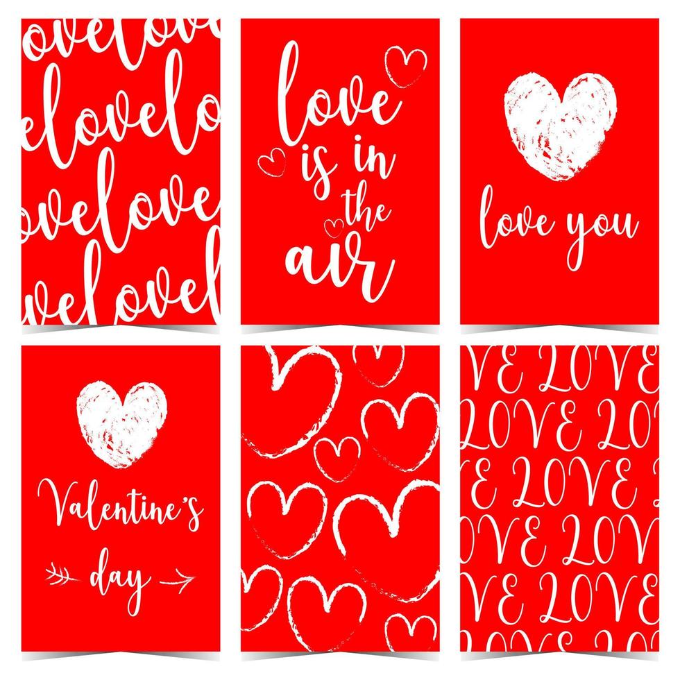 postales de saludo vectorial del día de san valentín con corazones dibujados a mano y texto de amor romántico sobre fondo rojo. ilustración en estilo plano también adecuada para la etiqueta de regalo de san valentín, etiqueta, pegatina, insignia. vector