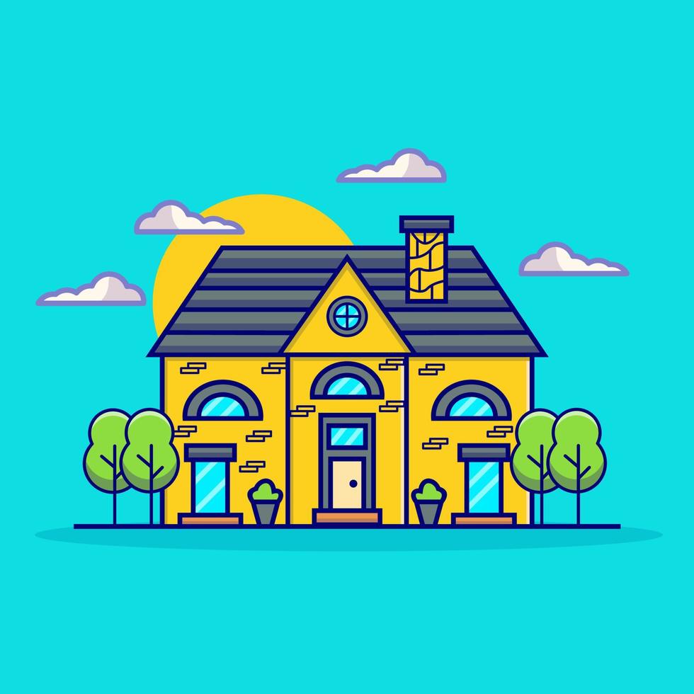 House Building With Trees Flat Illustration vector