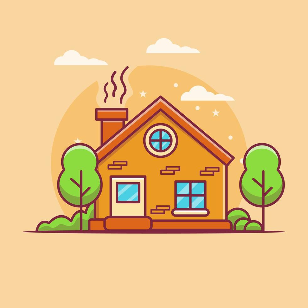 House Building With Trees Flat Illustration vector