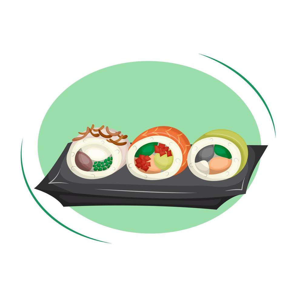 Set of sushi on rectangular plate. Various rolls with tuna, avocado, feta, salmon.  Concept of Asian traditional cuisine. Vector illustration. Cartoon.