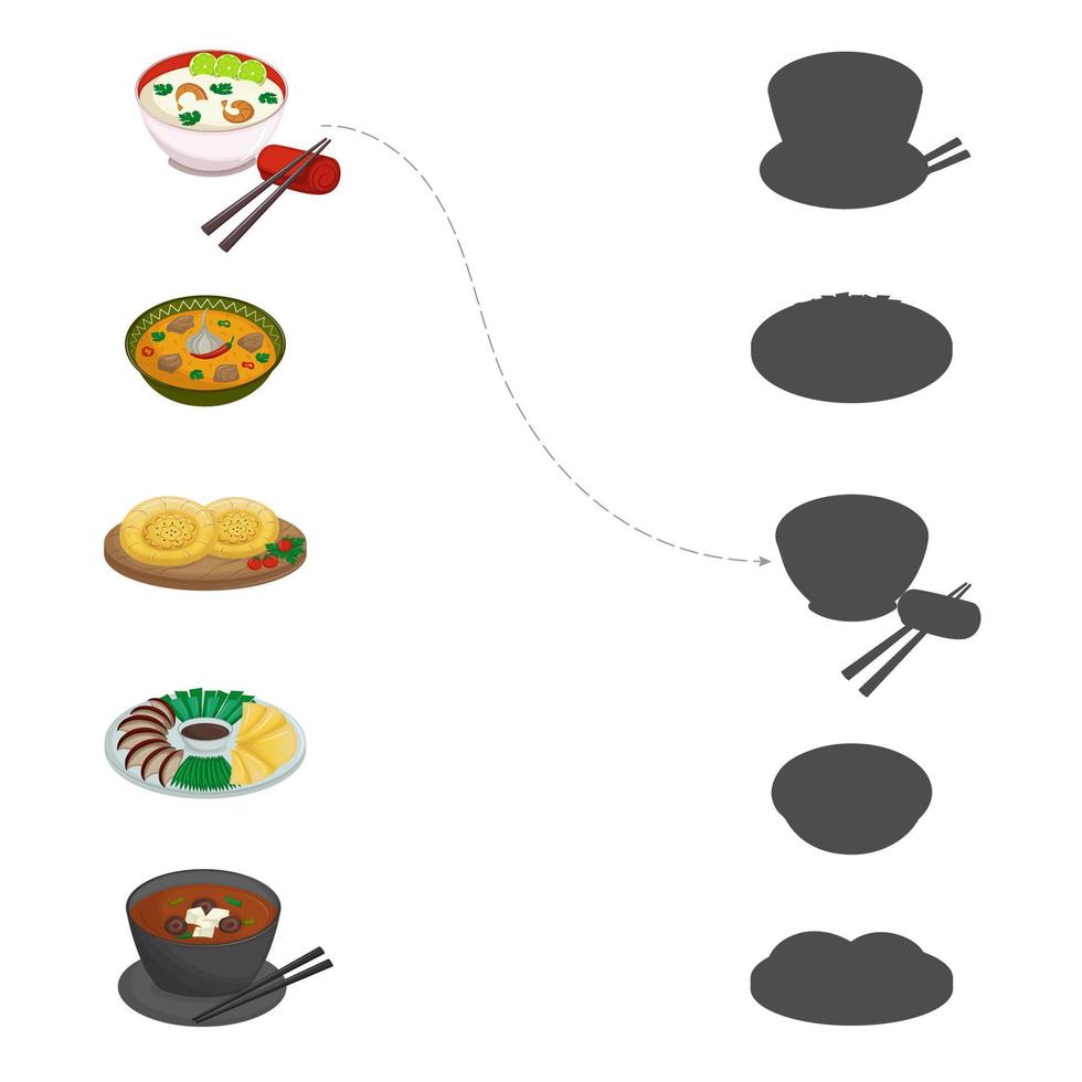 Children's puzzle Find Whose Shadow. For children of primary school age. Asian cuisine. Vector illustration. Cartoon.