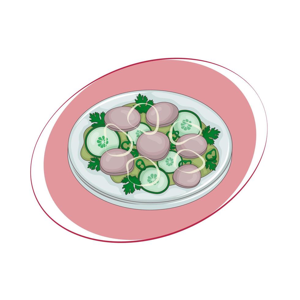 Mexican seafood dish - Aguachile. Mushrooms with cucumbers, onions and lime juice. Vector illustration. Cartoon.