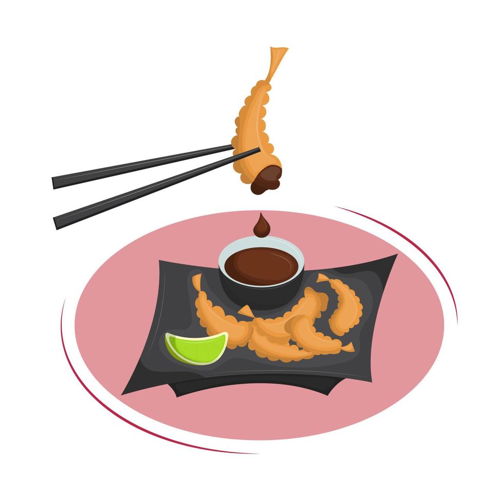 Japanese fried tempura shrimp with chopsticks and soy sauce. Asian traditional cuisine. Vector illustration. Cartoon.