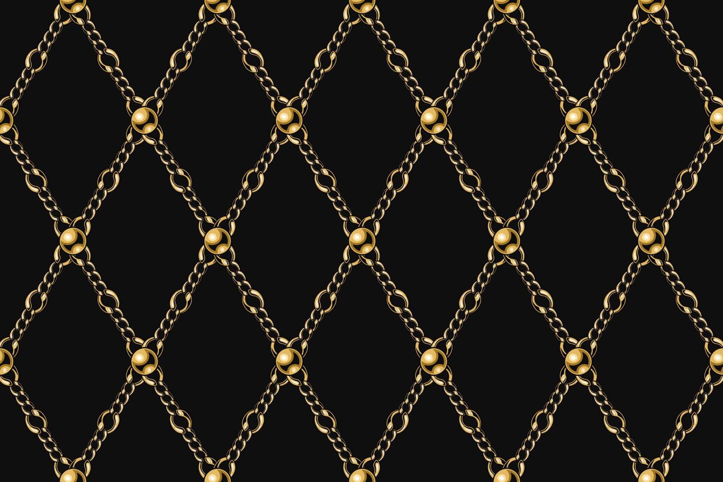 Vintage geometric gold pattern with metal chains and beads. Rhombus grid on a black background. vector