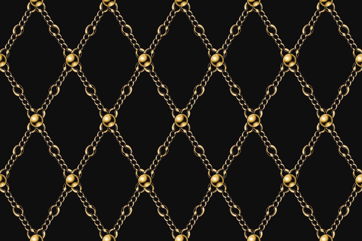 patrón de oro geométrico vintage con cadenas de metal y cuentas. cuadrícula de rombos sobre un fondo negro. vector