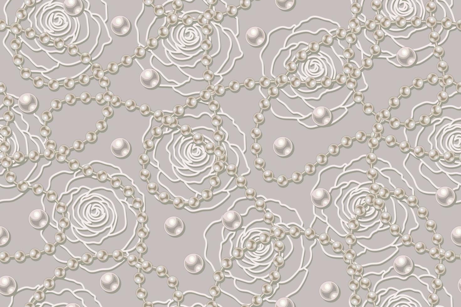 Seamless pattern with white pearl beads, strings of beige pearls, outline roses on pale background. Wavy lines, classic pale pastel color of pearls. Vector illustration