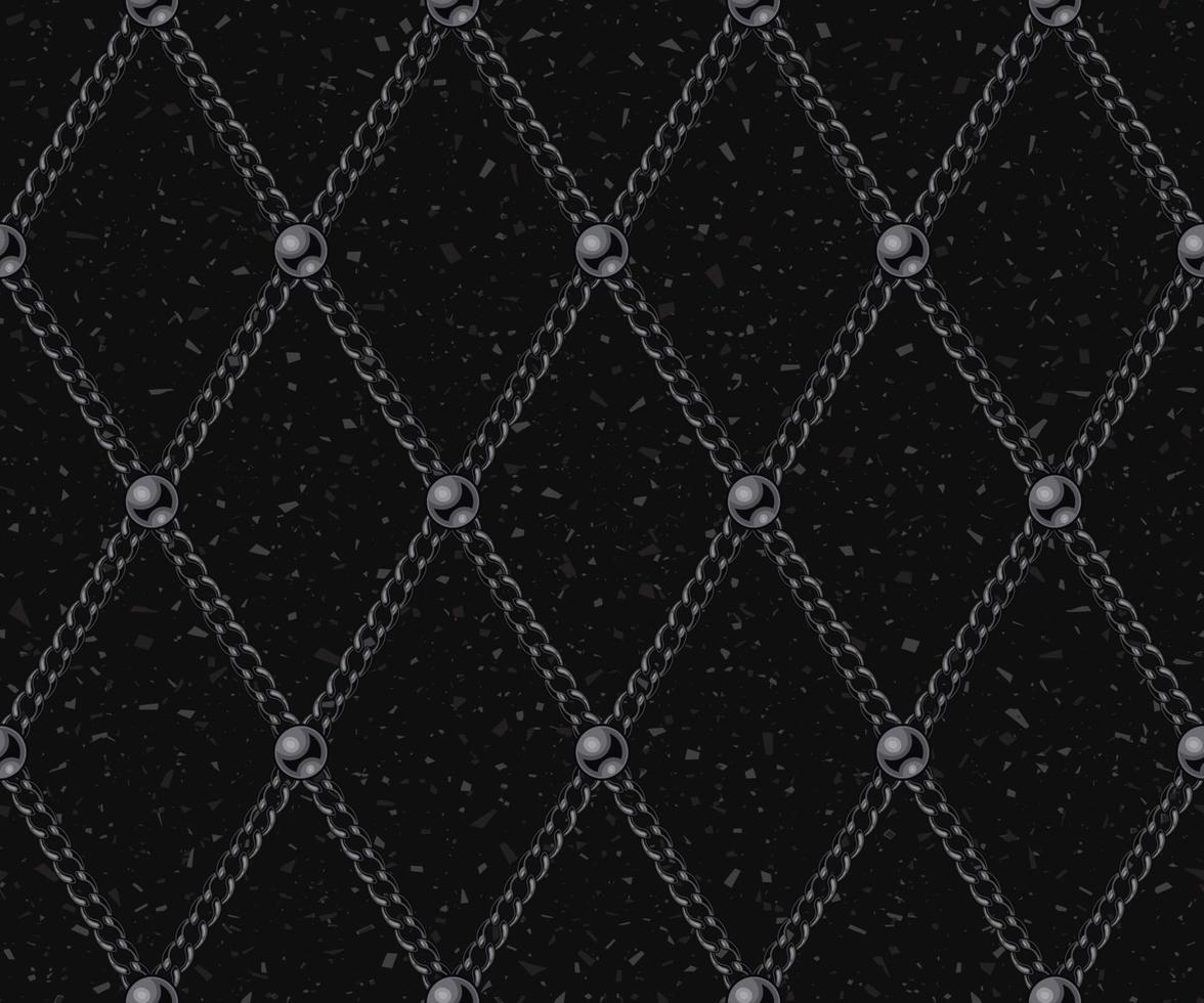 Vintage geometric pattern with black steel chains and beads. Rhombus grid on a black textured background with small particle like dust, motes. Low contrast illustration vector
