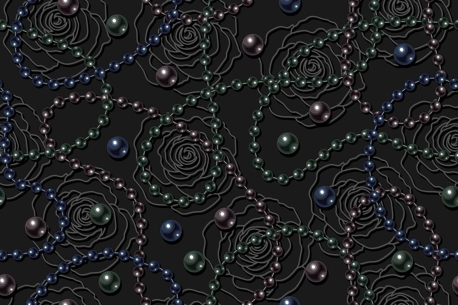 Seamless pattern with dark pearl beads, strings of black pearls, contour roses on black background. Wavy lines, classic black colors of pearls. Vector illustration