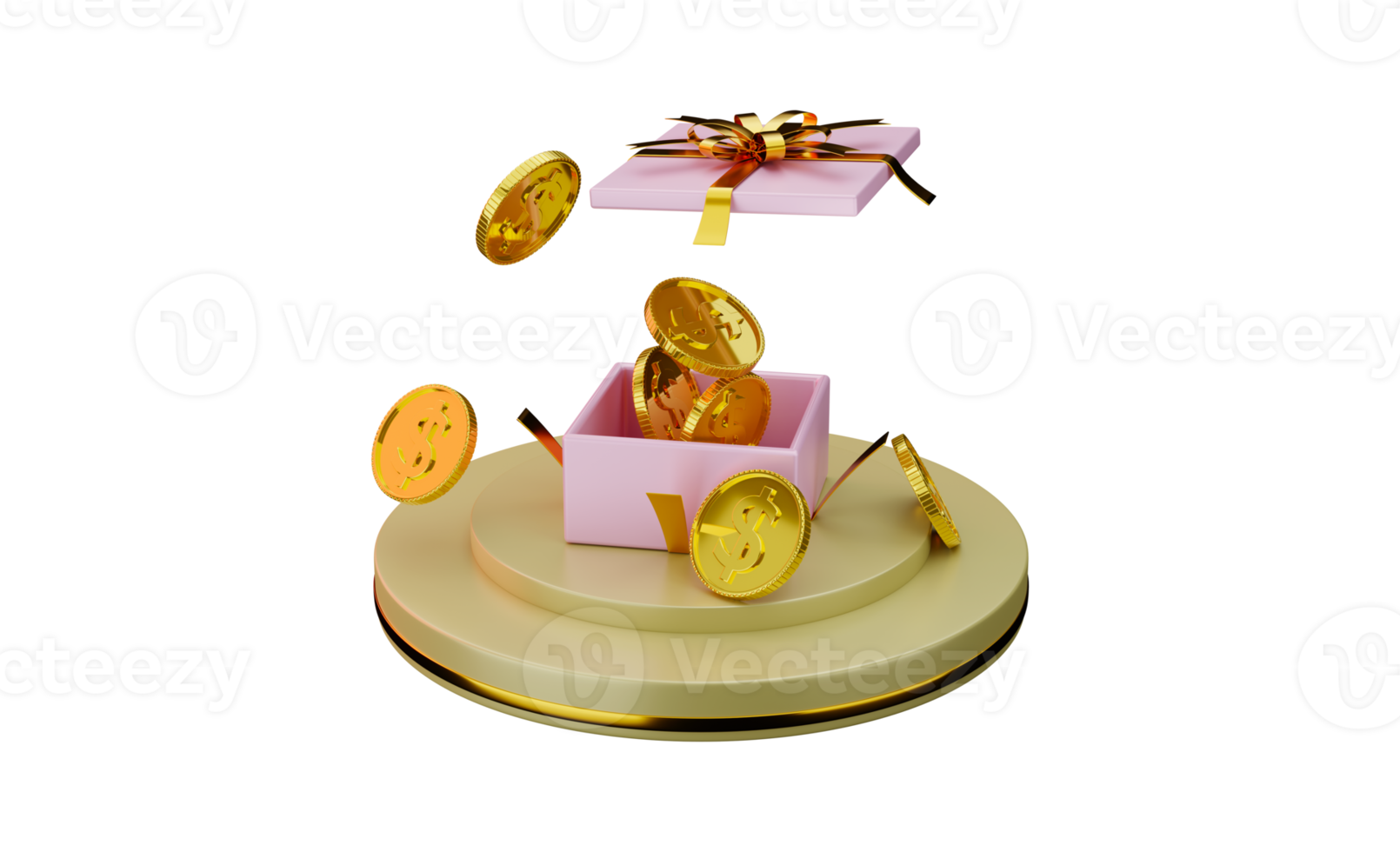 Le rendu 3D des pièces d'or dans une boîte cadeau concept de transparence de l'image de l'investissement financier png