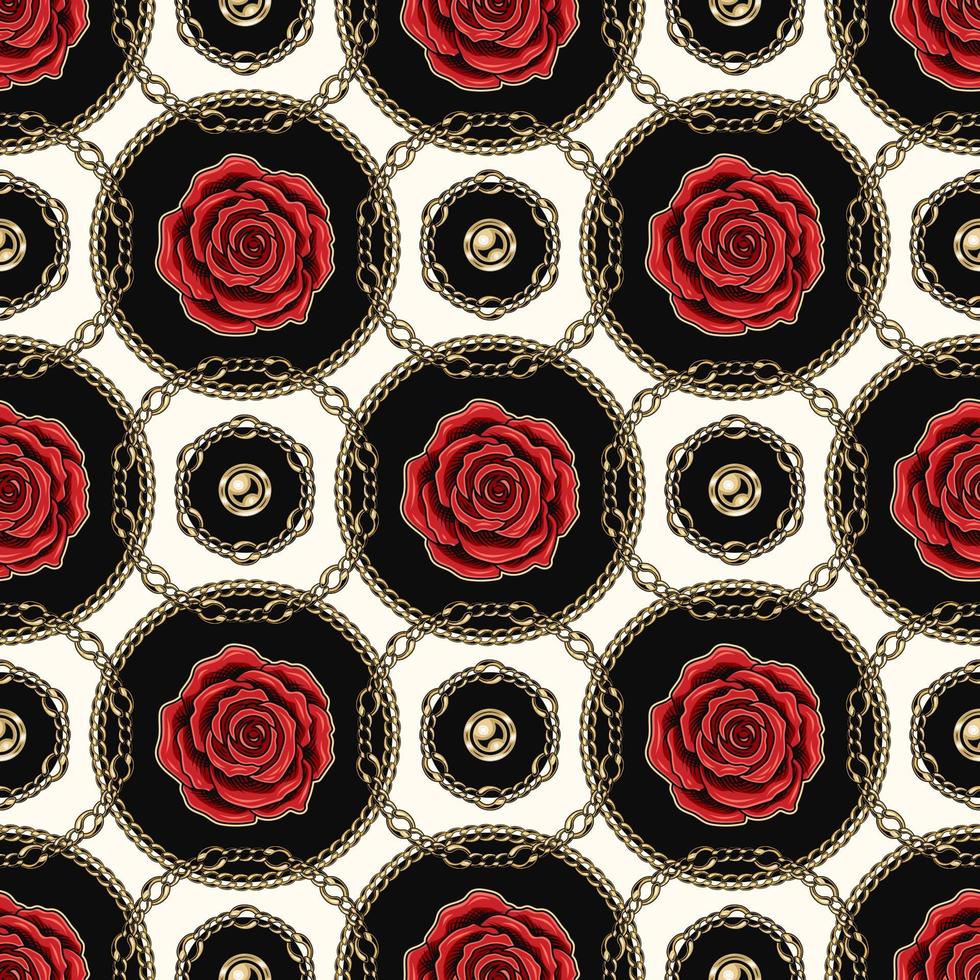 Seamless geometric pattern with red roses, round elements made of gold chains, beads arranged in staggered manner. Classic jewelry background vector