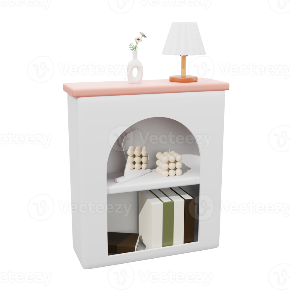 3D white cabinet with decorative. lamp. flower vase. 3D rendering png