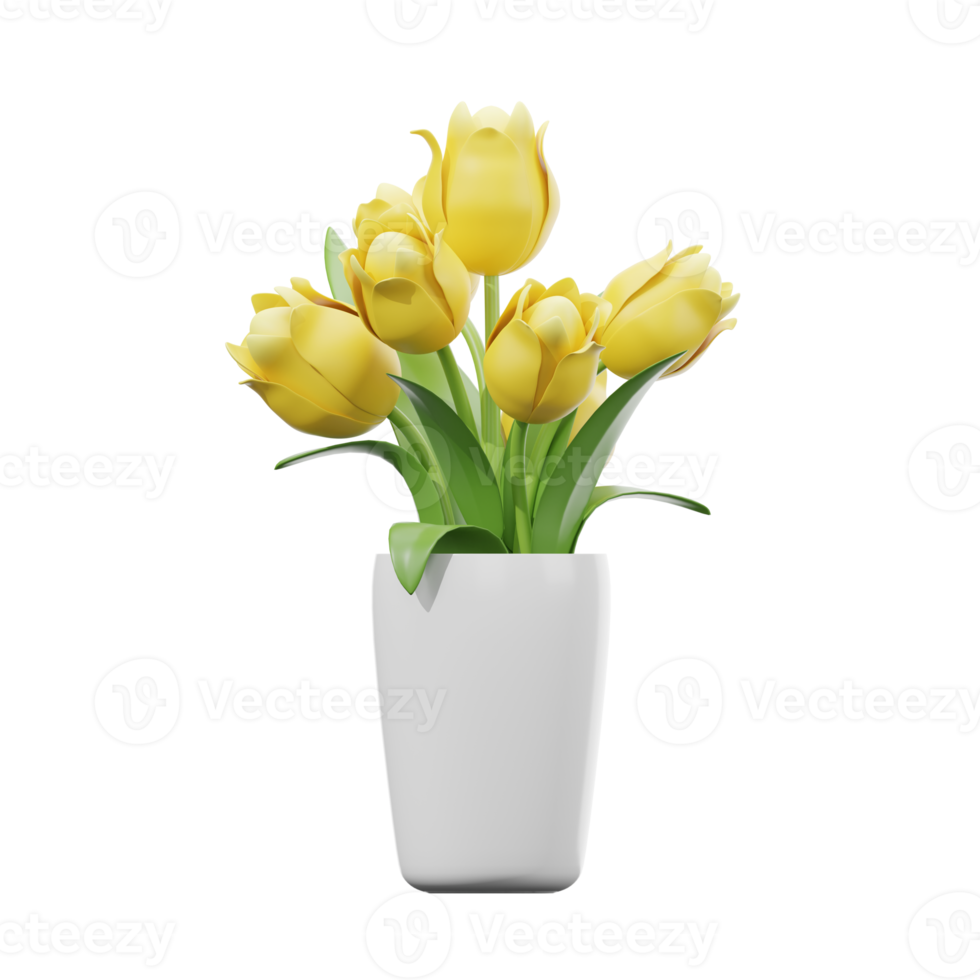 3D yellow tulips in vase isolated. 3D rendering png