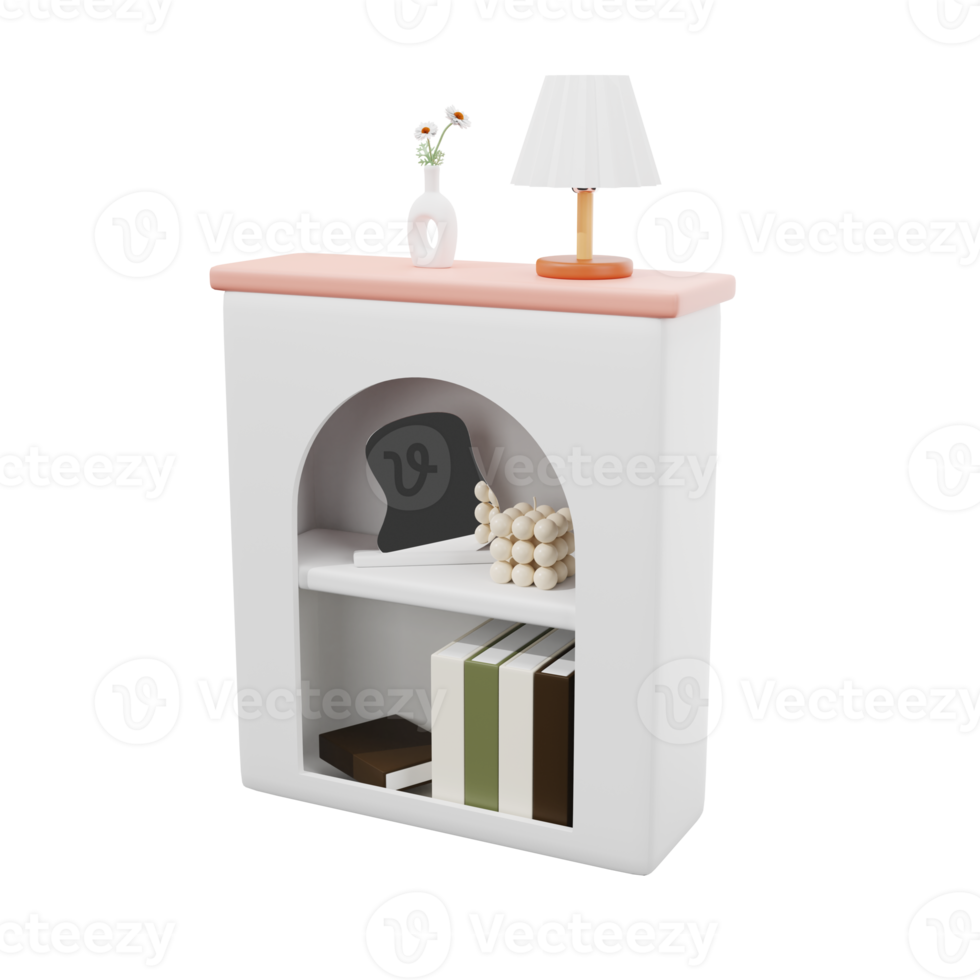 3D white cabinet with decorative. lamp. flower vase. 3D rendering png