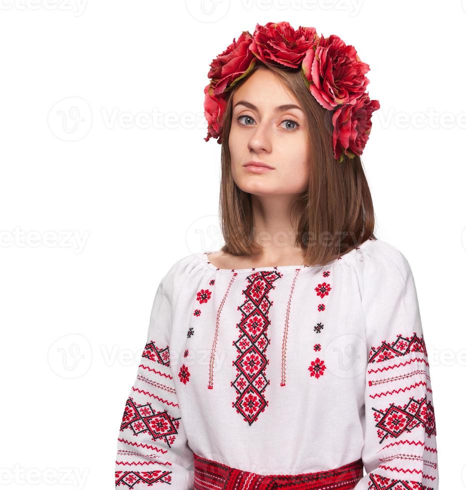 sad girl in the Ukrainian national suit photo