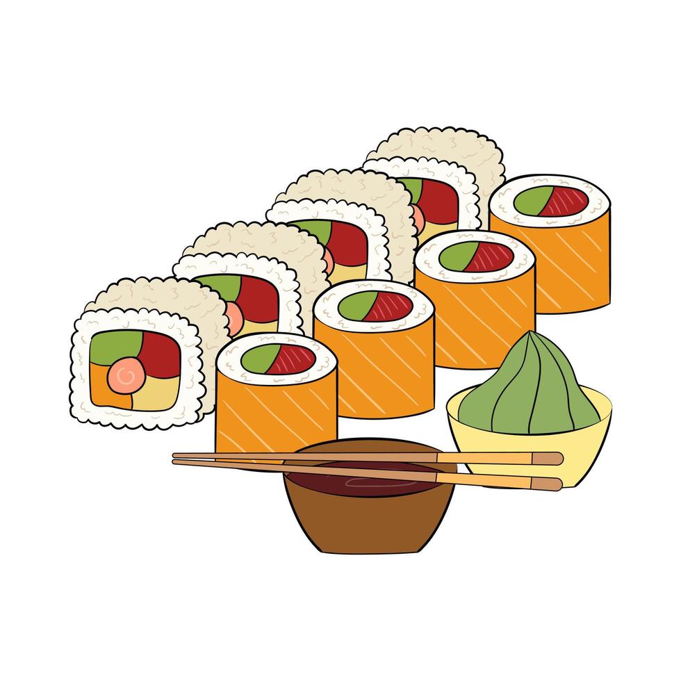 Sushi set with salmon, sauce, wasabi and chopsticks. vector illustration on a white background.