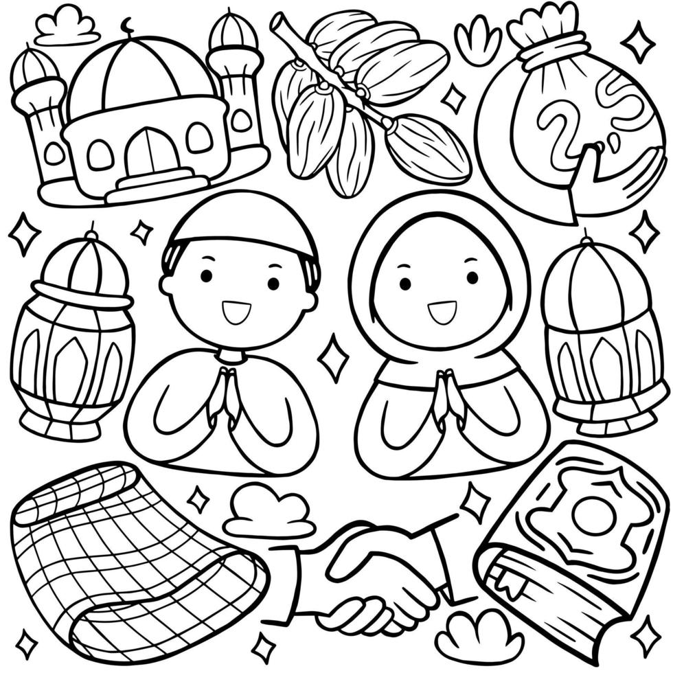 Ramadan doodle in line art style vector