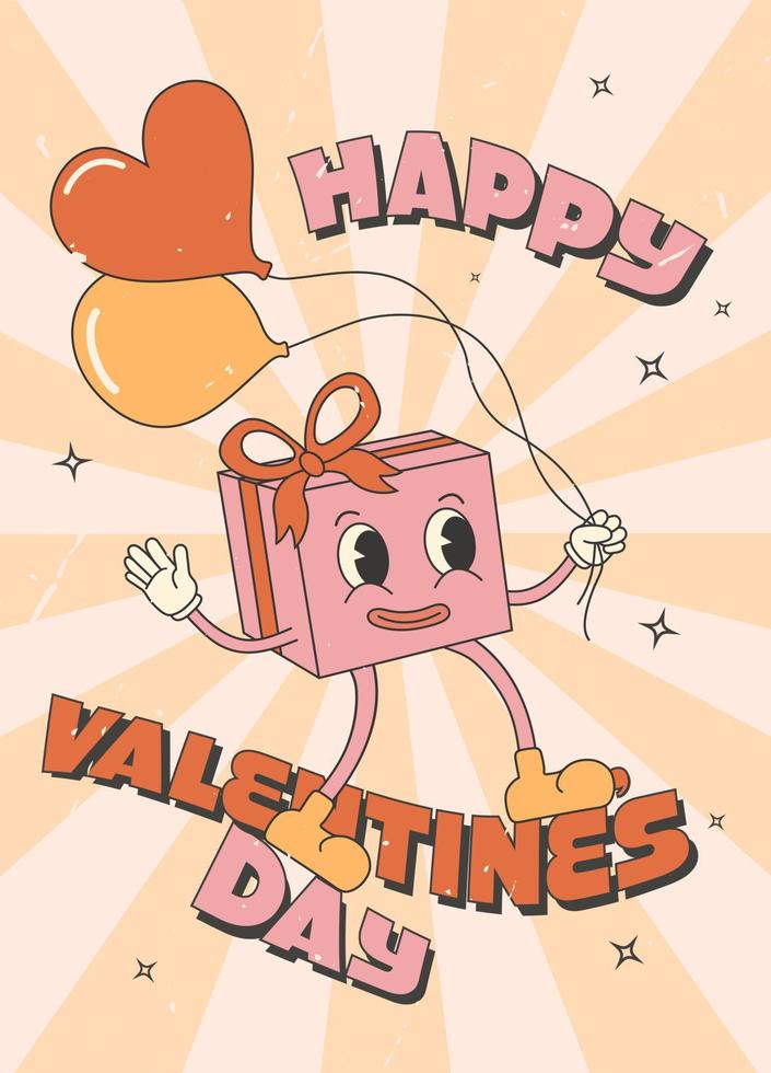 Retro groovy valentines day greeting card, banner, poster, invitation, background. Gift box, present vector