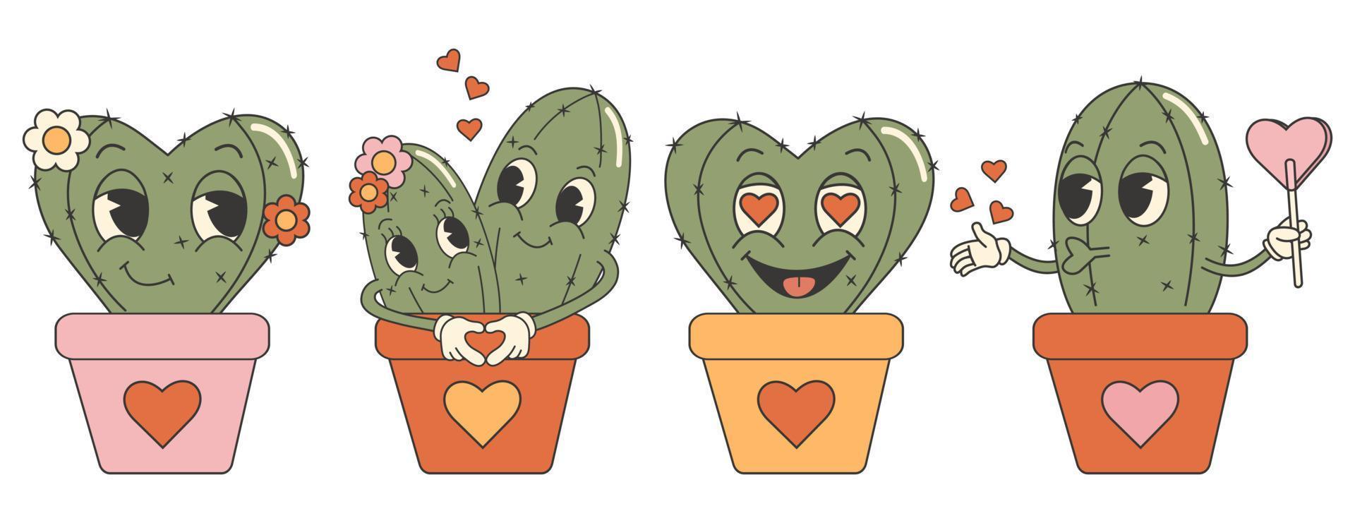 Groovy valentines day cactus stickers set. Cute and funny characters. Retro valentines day. 70s 60s cartoon aesthetics. vector