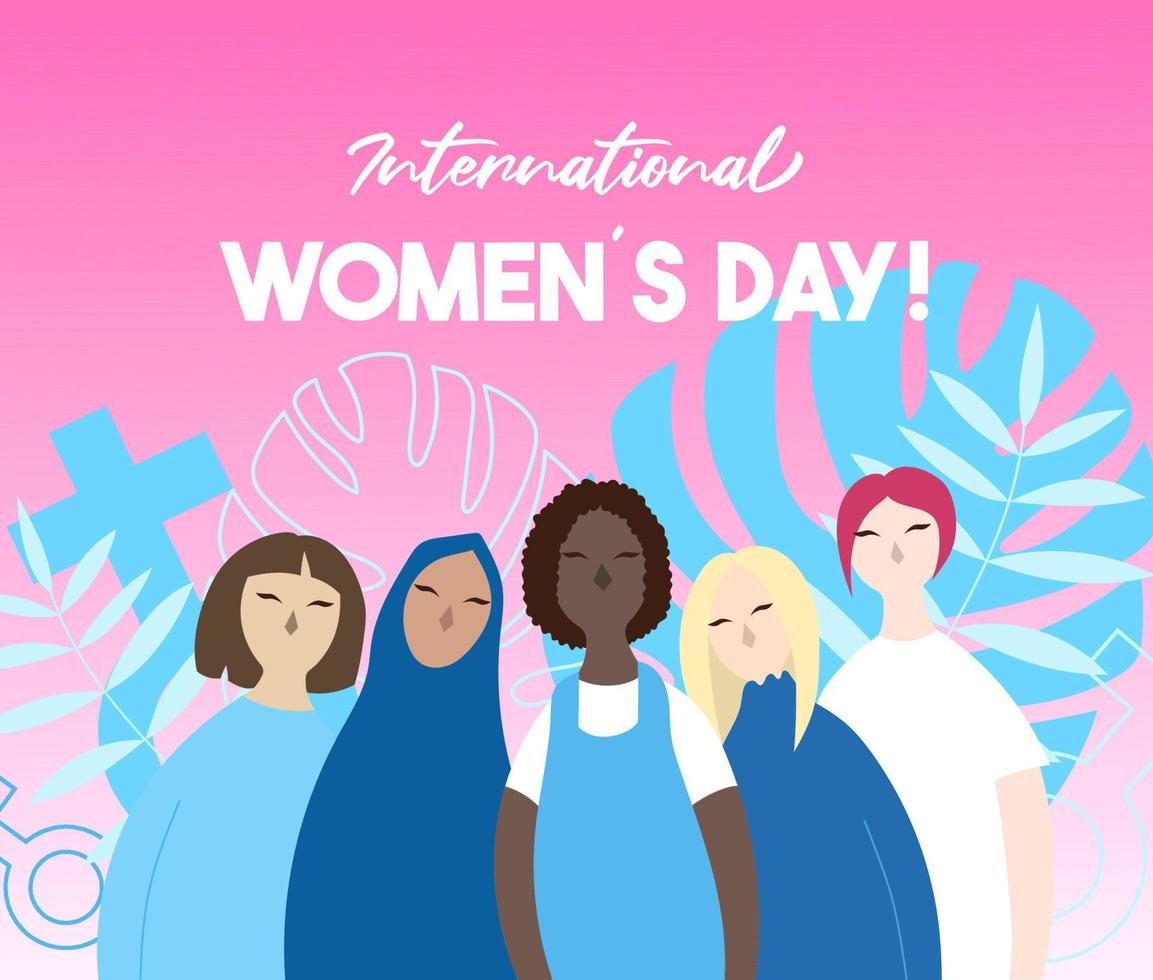 afiche del día internacional de la mujer que representa a 5 mujeres diferentes en el fondo degradado rosa. vector