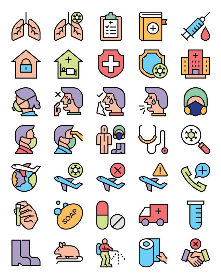 Filled color outline icons for corona virus. vector