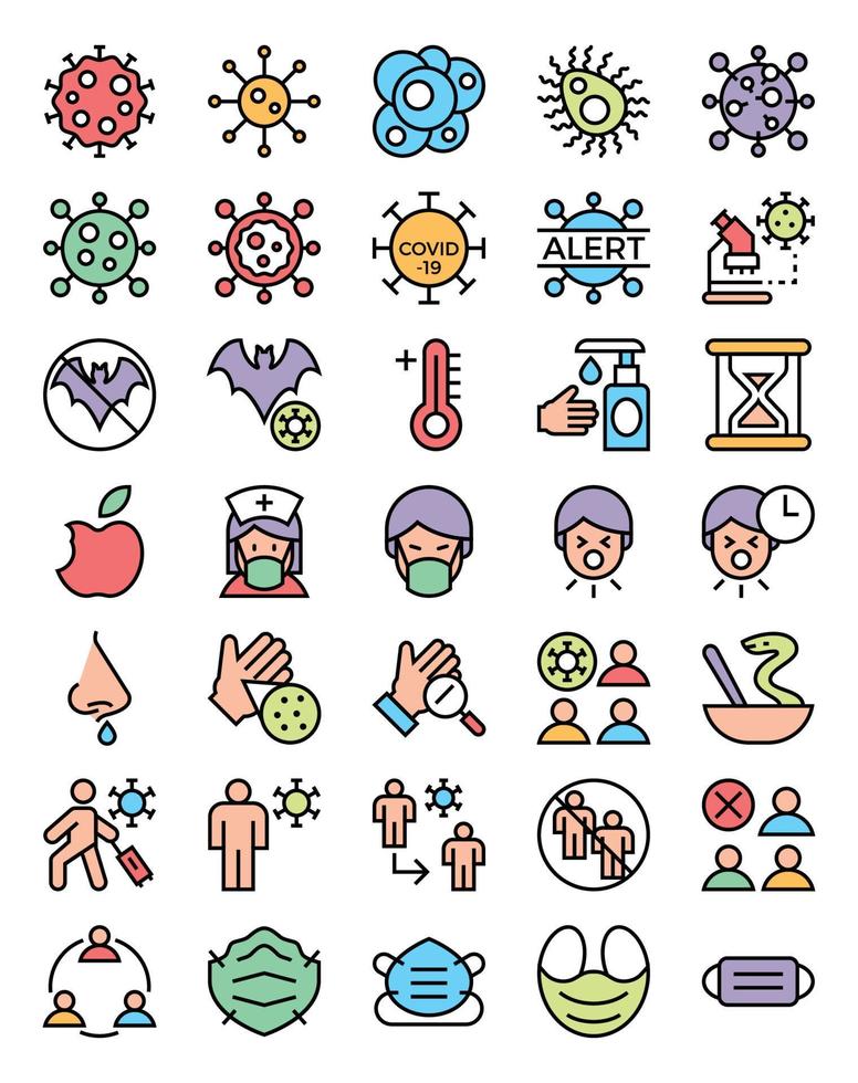 iconos de contorno de color rellenos para el virus de la corona. vector