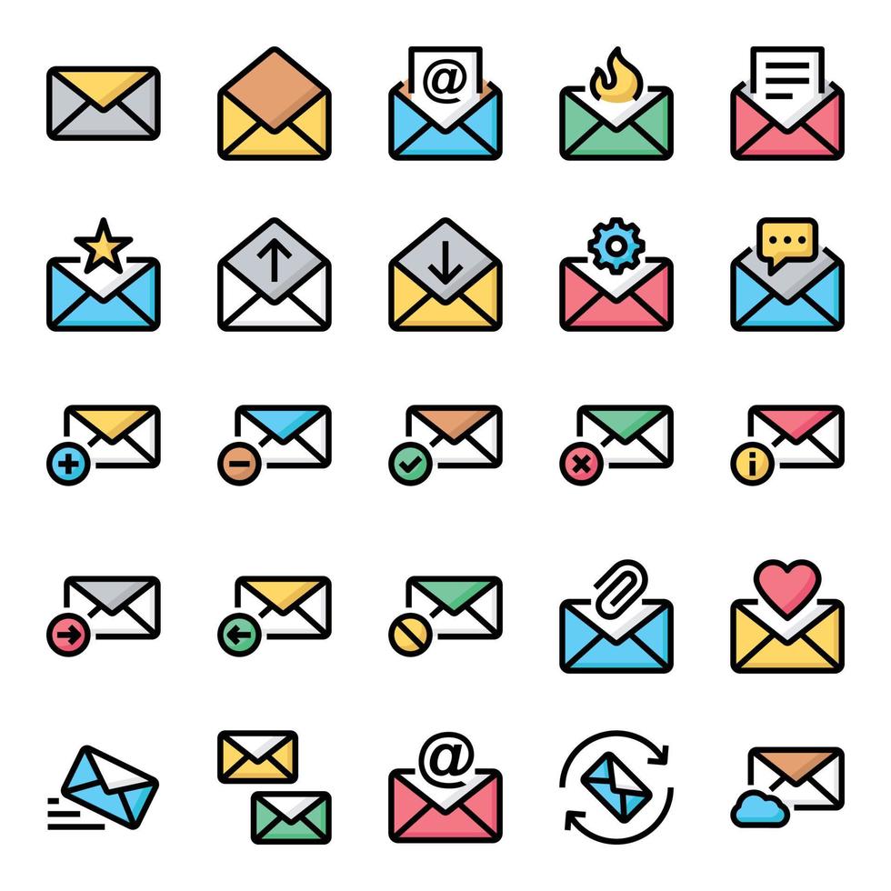 iconos de contorno de color rellenos para correo electrónico. vector