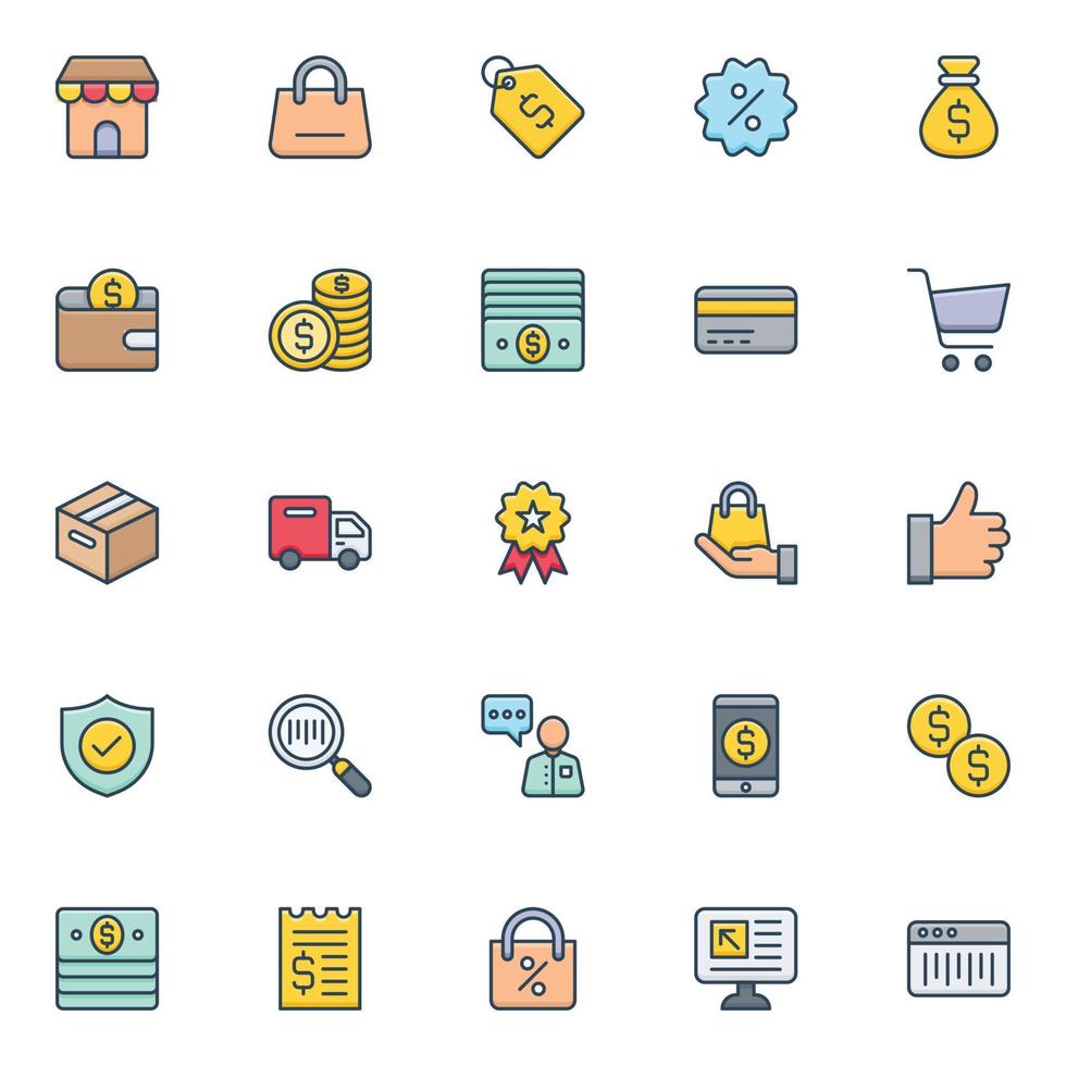 iconos de contorno de color rellenos para comercio electrónico. vector