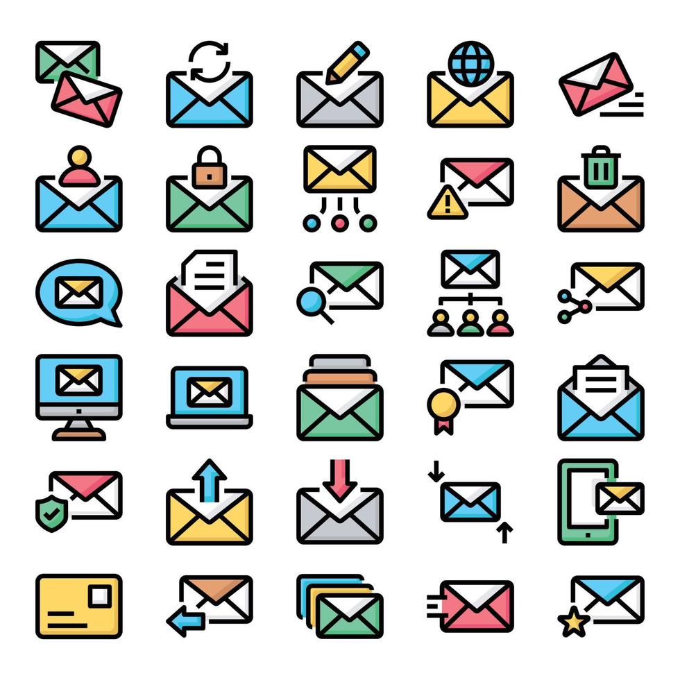 iconos de contorno de color rellenos para correo electrónico. vector